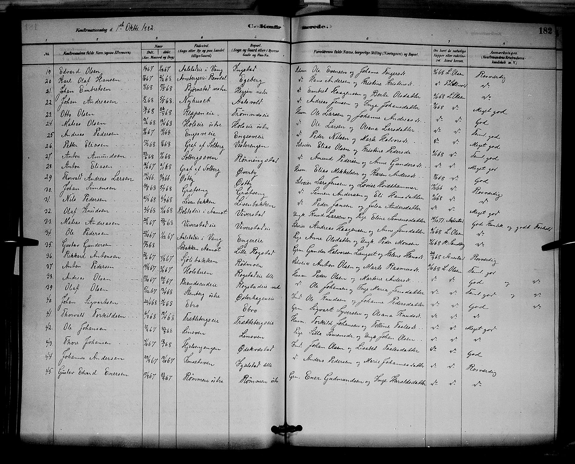 Løten prestekontor, SAH/PREST-022/L/La/L0005: Parish register (copy) no. 5, 1878-1891, p. 182