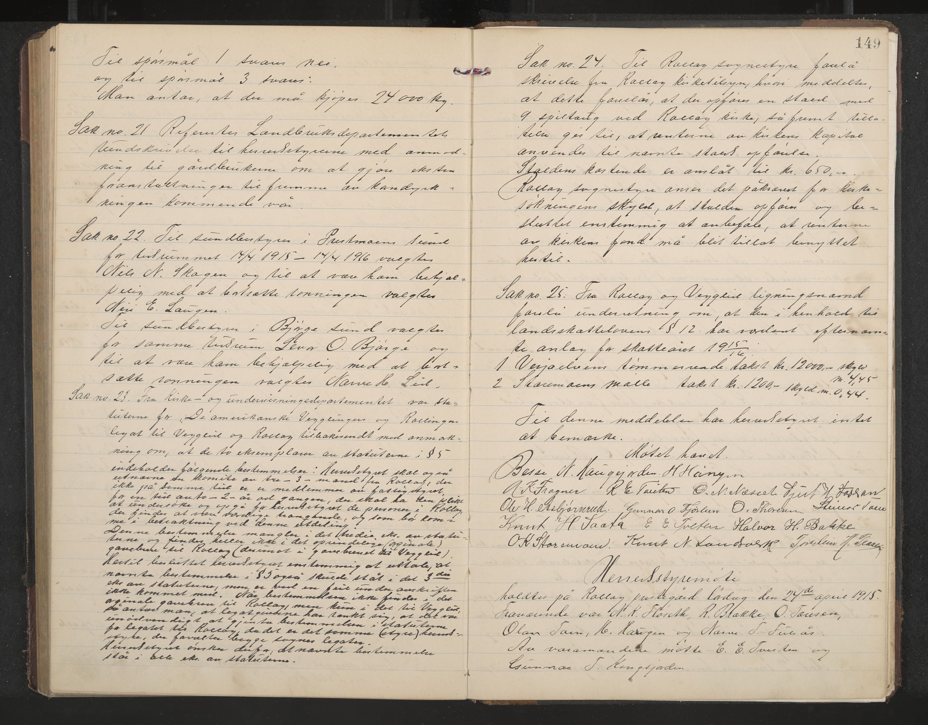 Rollag formannskap og sentraladministrasjon, IKAK/0632021-2/A/Aa/L0005: Møtebok, 1909-1915, p. 149