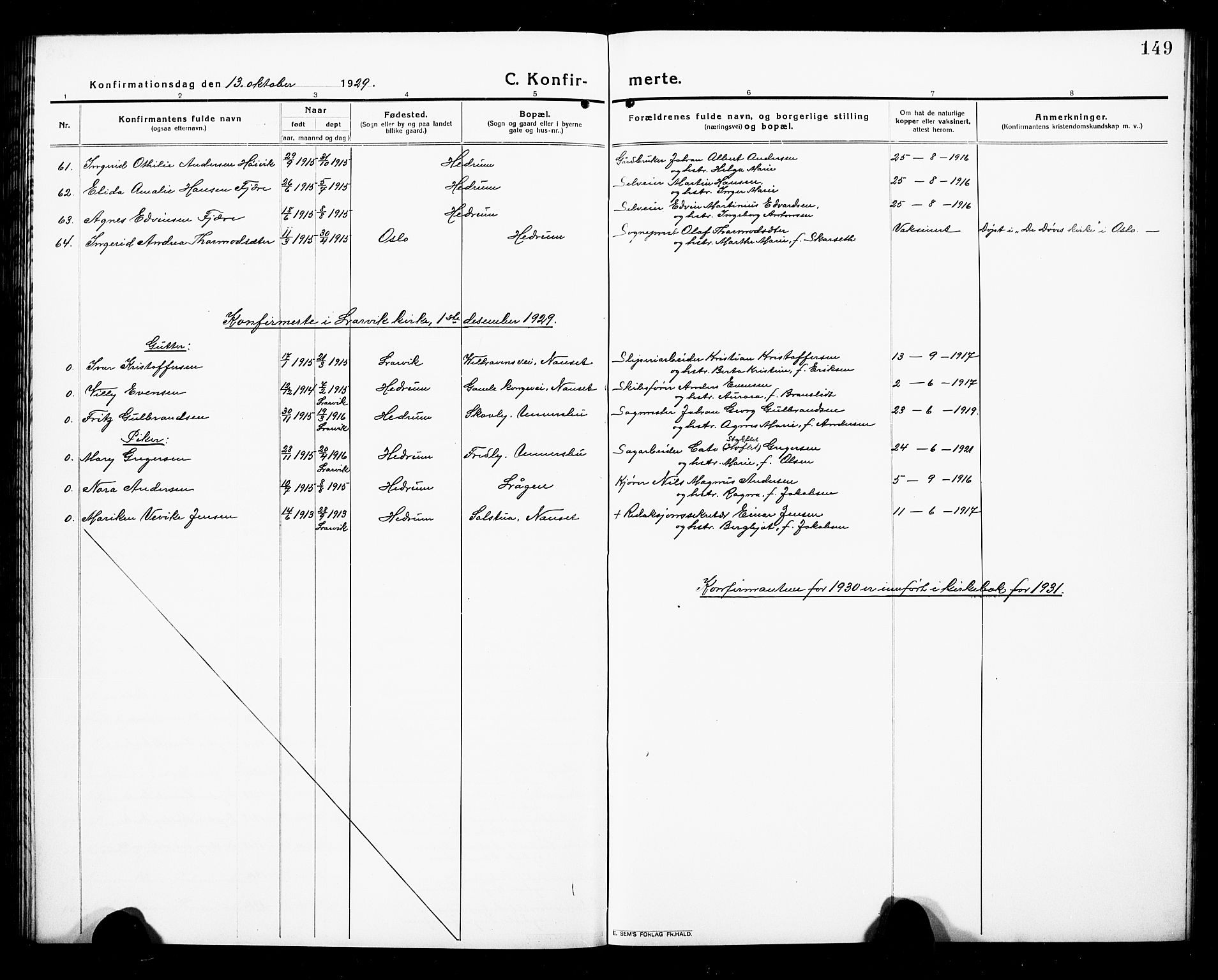 Hedrum kirkebøker, AV/SAKO-A-344/G/Ga/L0005: Parish register (copy) no. I 5, 1916-1930, p. 149