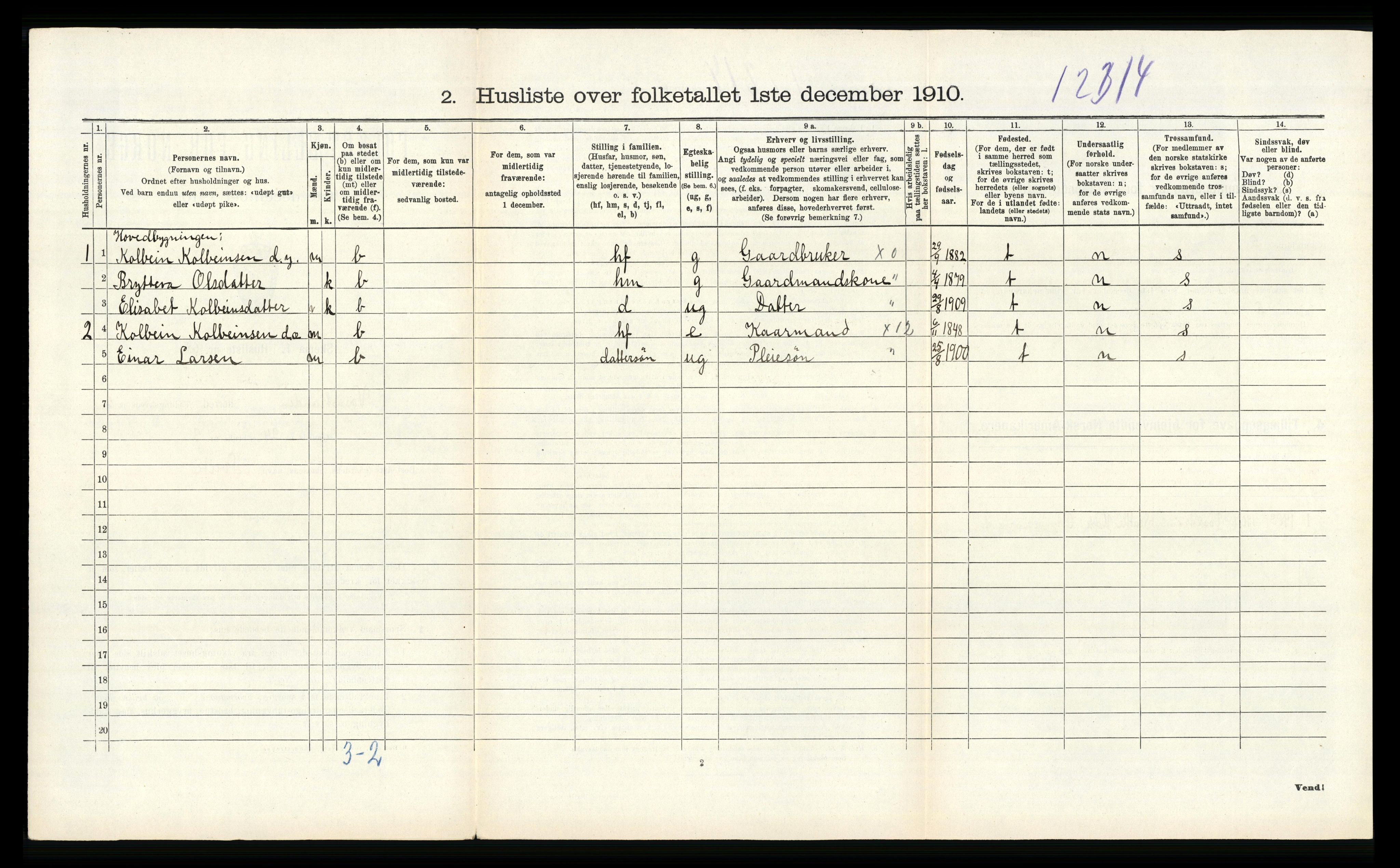 RA, 1910 census for Vossestrand, 1910, p. 340