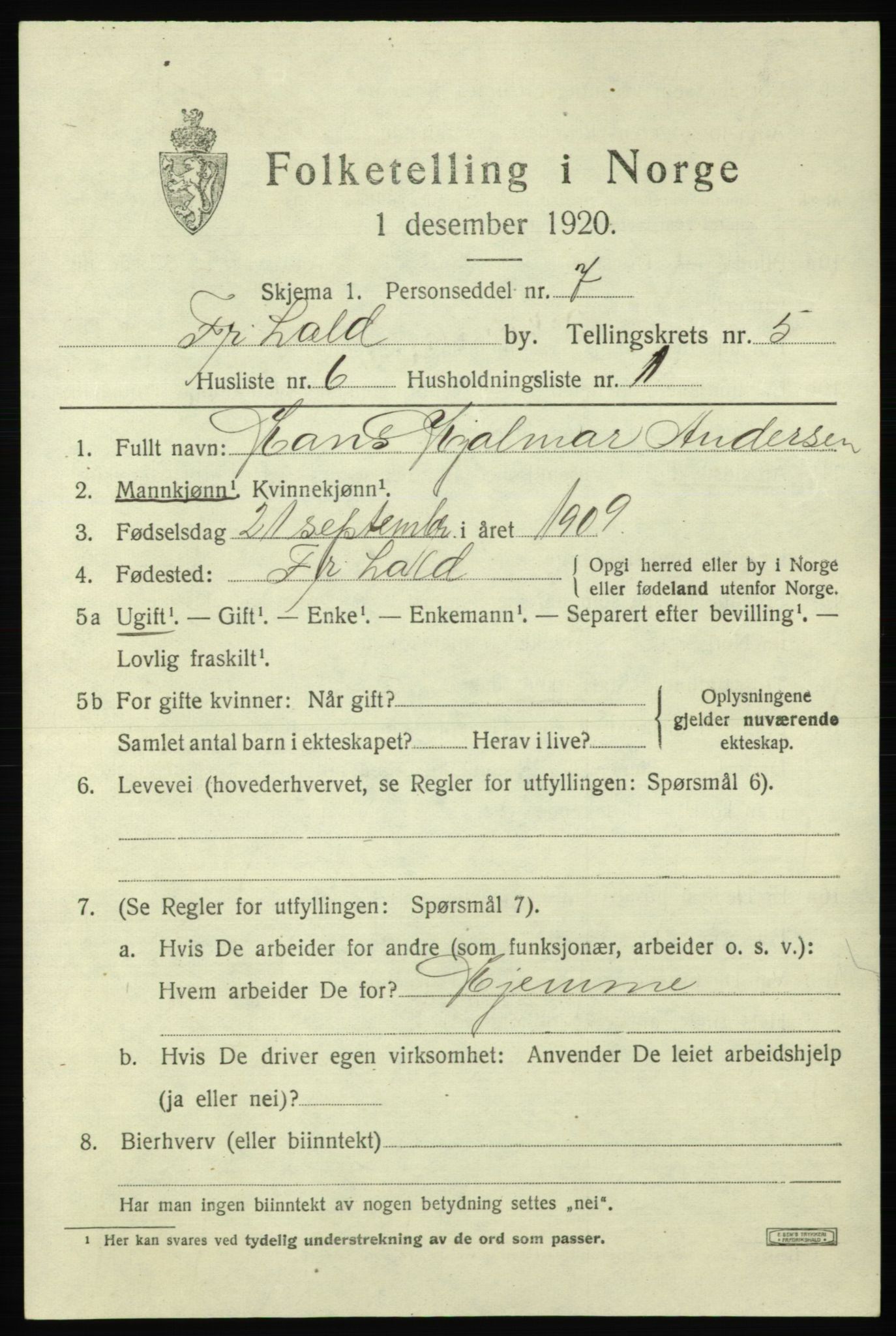 SAO, 1920 census for Fredrikshald, 1920, p. 12052