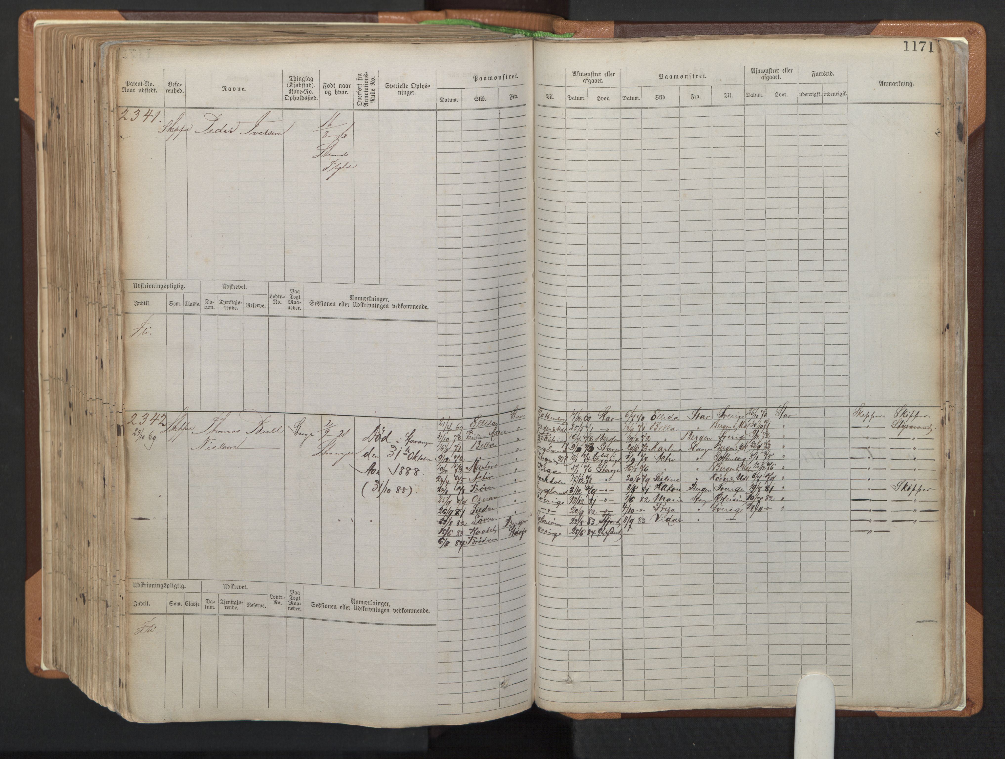 Stavanger sjømannskontor, AV/SAST-A-102006/F/Fb/Fbb/L0006: Sjøfartshovedrulle, patentnr. 1607-2402 (del 3), 1869-1880, p. 371