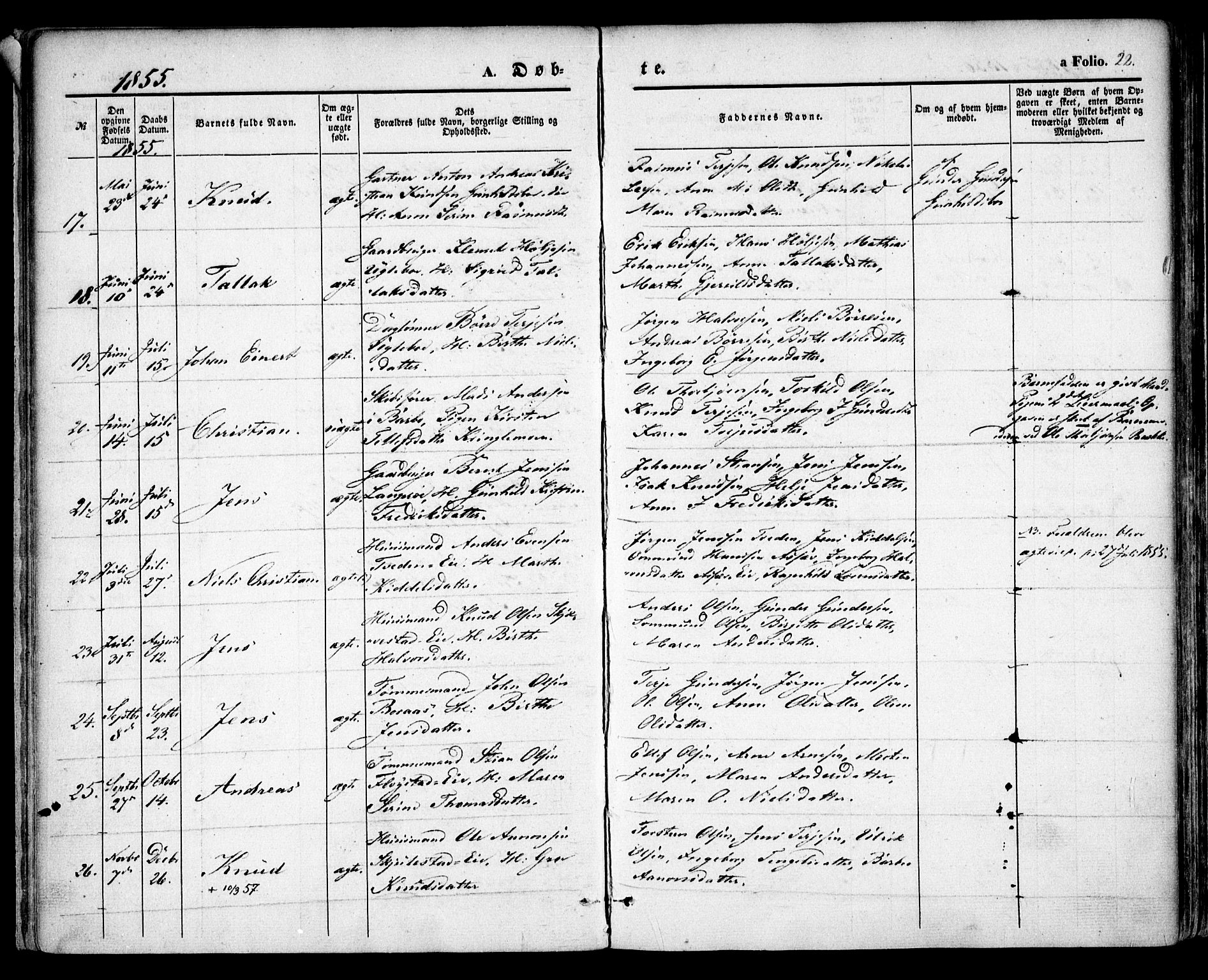 Austre Moland sokneprestkontor, AV/SAK-1111-0001/F/Fa/Faa/L0007: Parish register (official) no. A 7, 1847-1857, p. 22