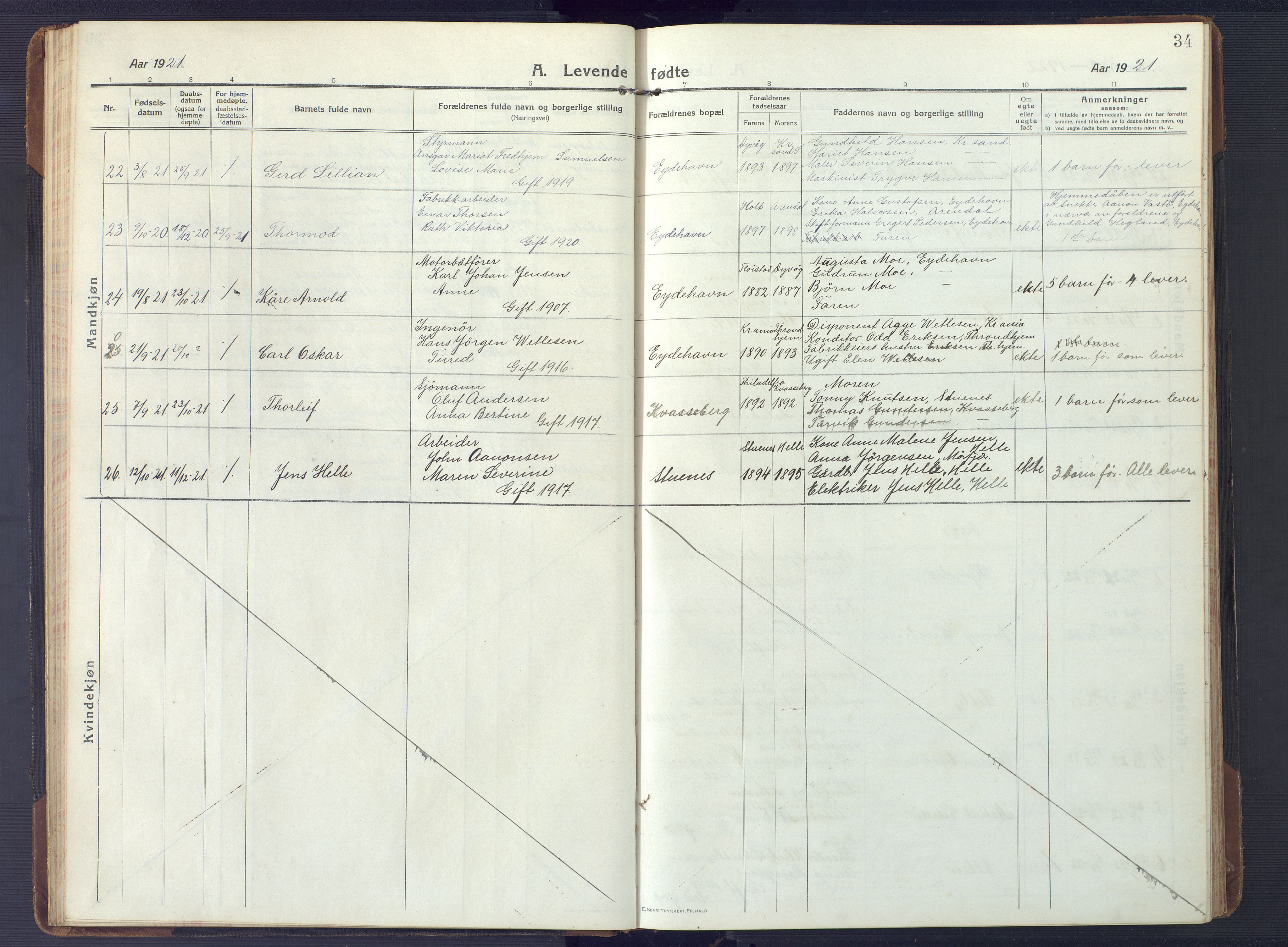 Austre Moland sokneprestkontor, AV/SAK-1111-0001/F/Fb/Fbb/L0004: Parish register (copy) no. B 4, 1914-1929, p. 34