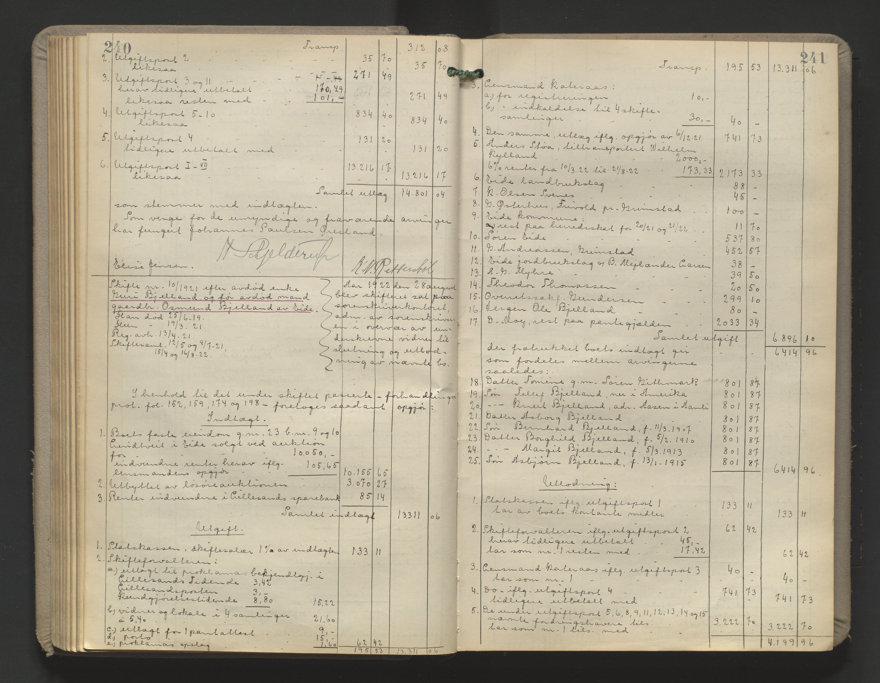 Vestre Nedenes/Sand sorenskriveri, AV/SAK-1221-0010/H/Hc/L0022: Skifteutlodningsprotokoll nr. 9, 1919-1932, p. 240-241