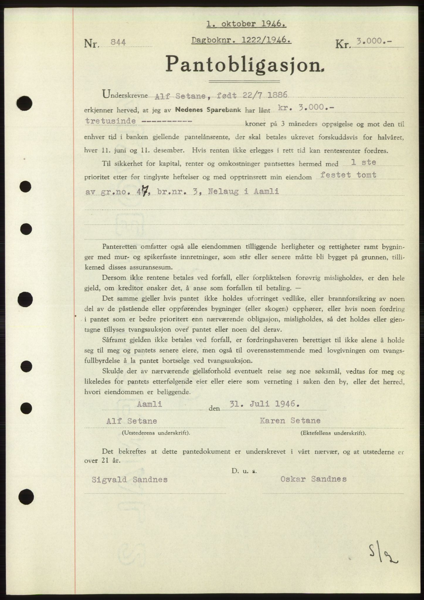 Nedenes sorenskriveri, SAK/1221-0006/G/Gb/Gbb/L0003: Mortgage book no. B3b, 1946-1946, Diary no: : 1222/1946