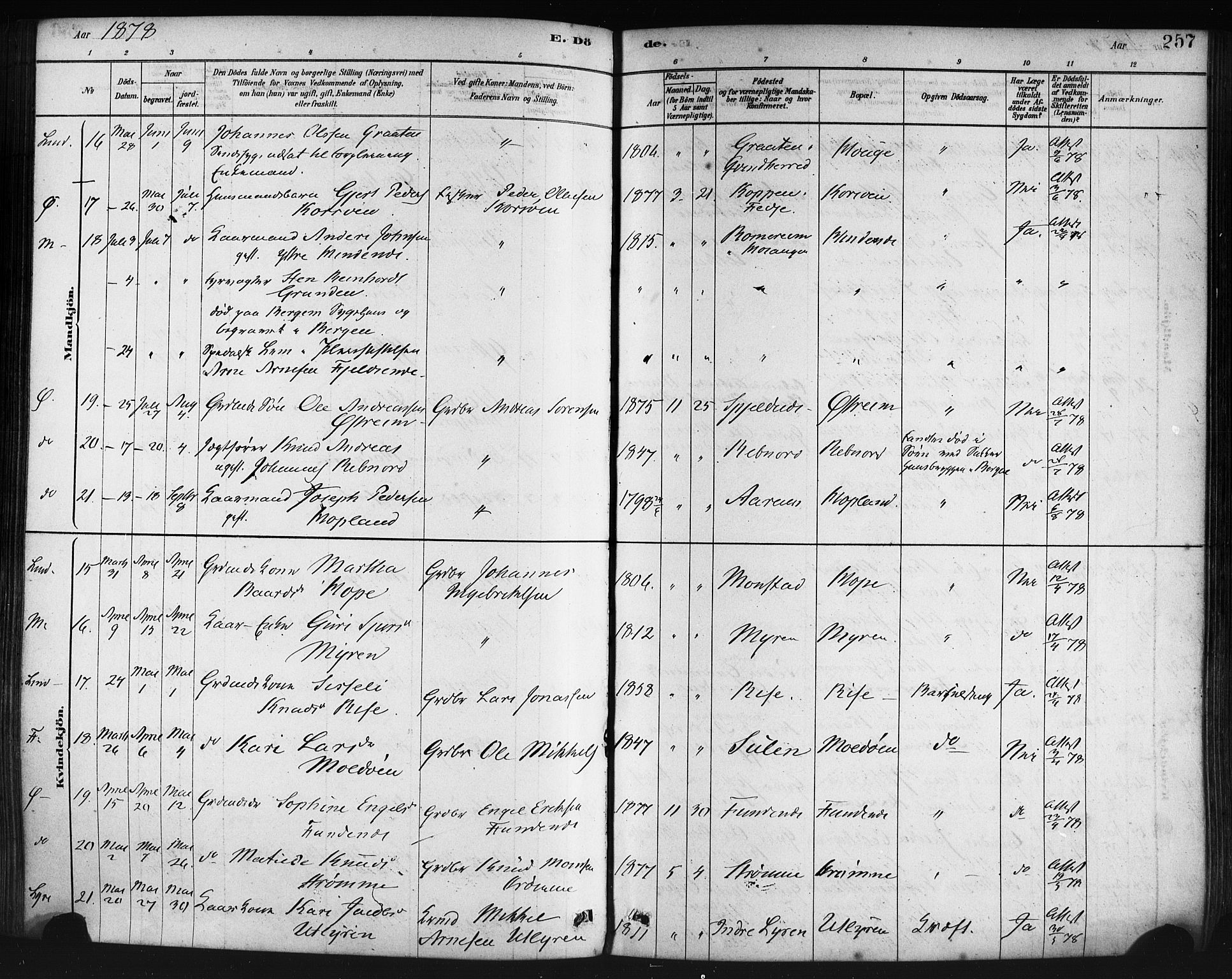 Lindås Sokneprestembete, AV/SAB-A-76701/H/Haa/Haaa/L0019: Parish register (official) no. A 19, 1878-1912, p. 257