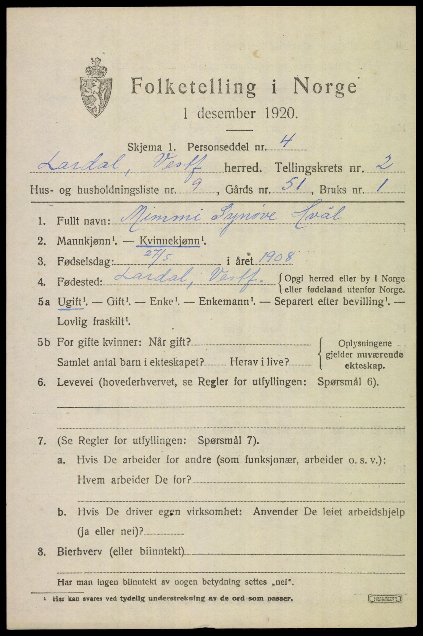 SAKO, 1920 census for Lardal, 1920, p. 2059