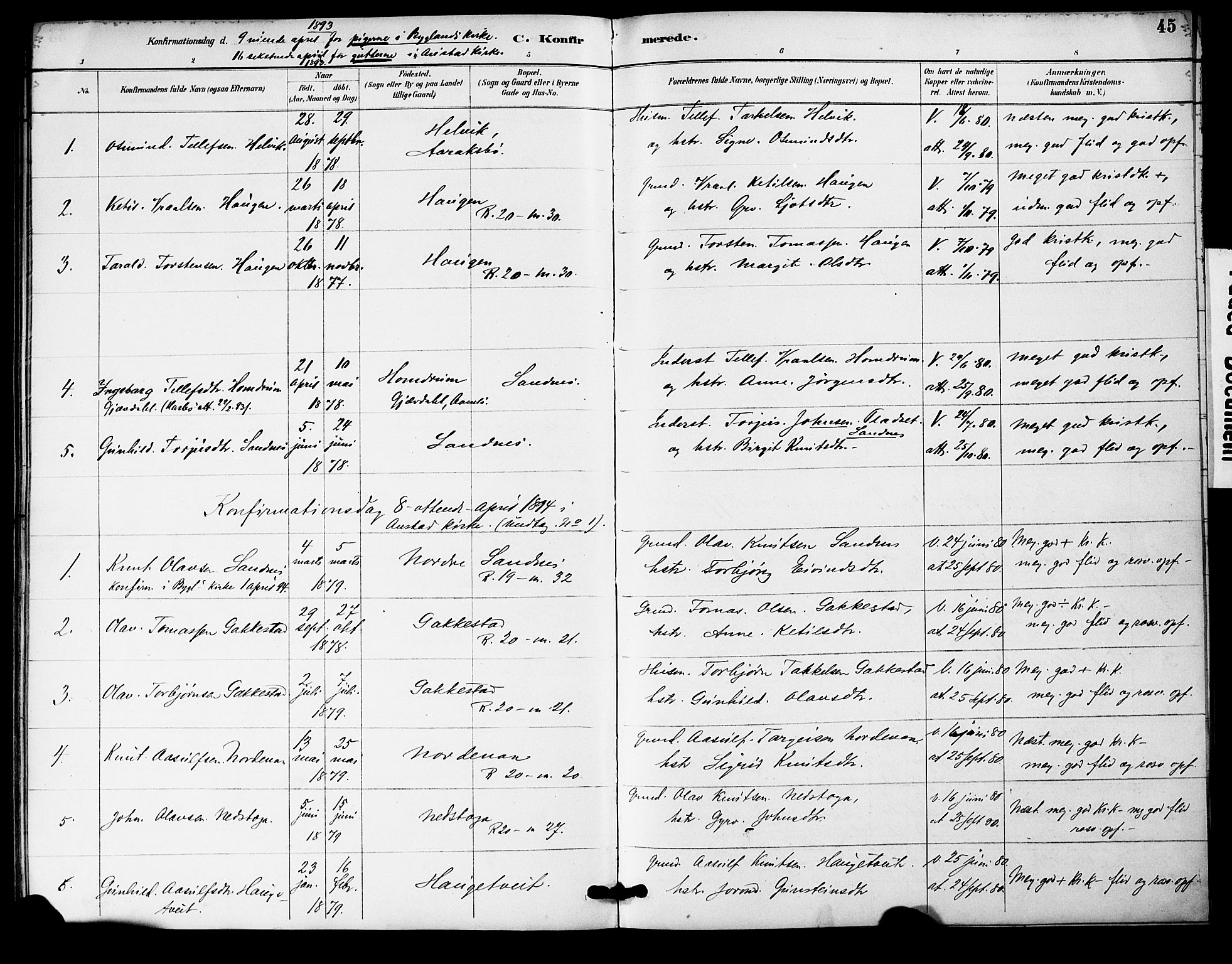 Bygland sokneprestkontor, AV/SAK-1111-0006/F/Fa/Fac/L0001: Parish register (official) no. A 1, 1885-1909, p. 45