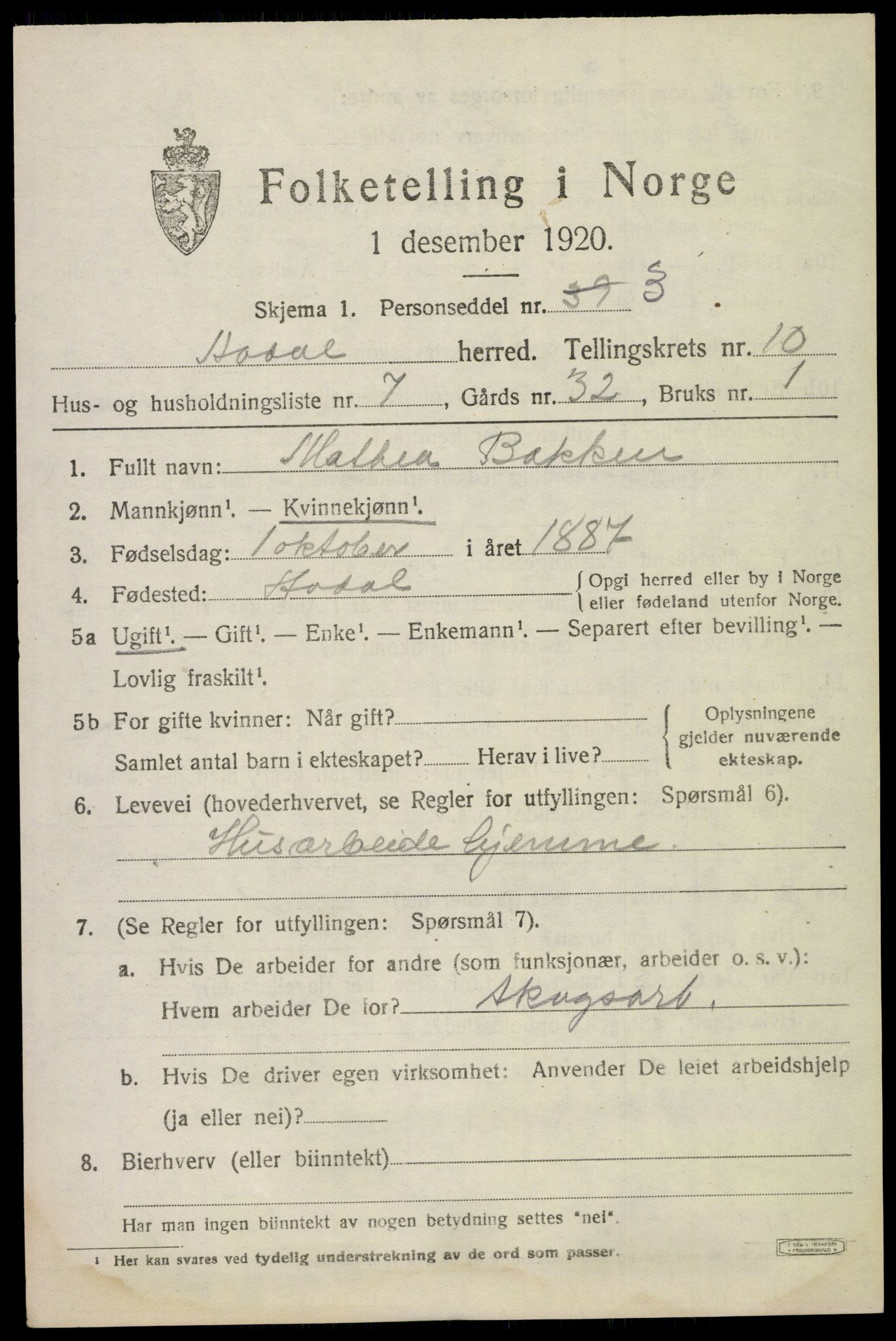 SAKO, 1920 census for Ådal, 1920, p. 6604