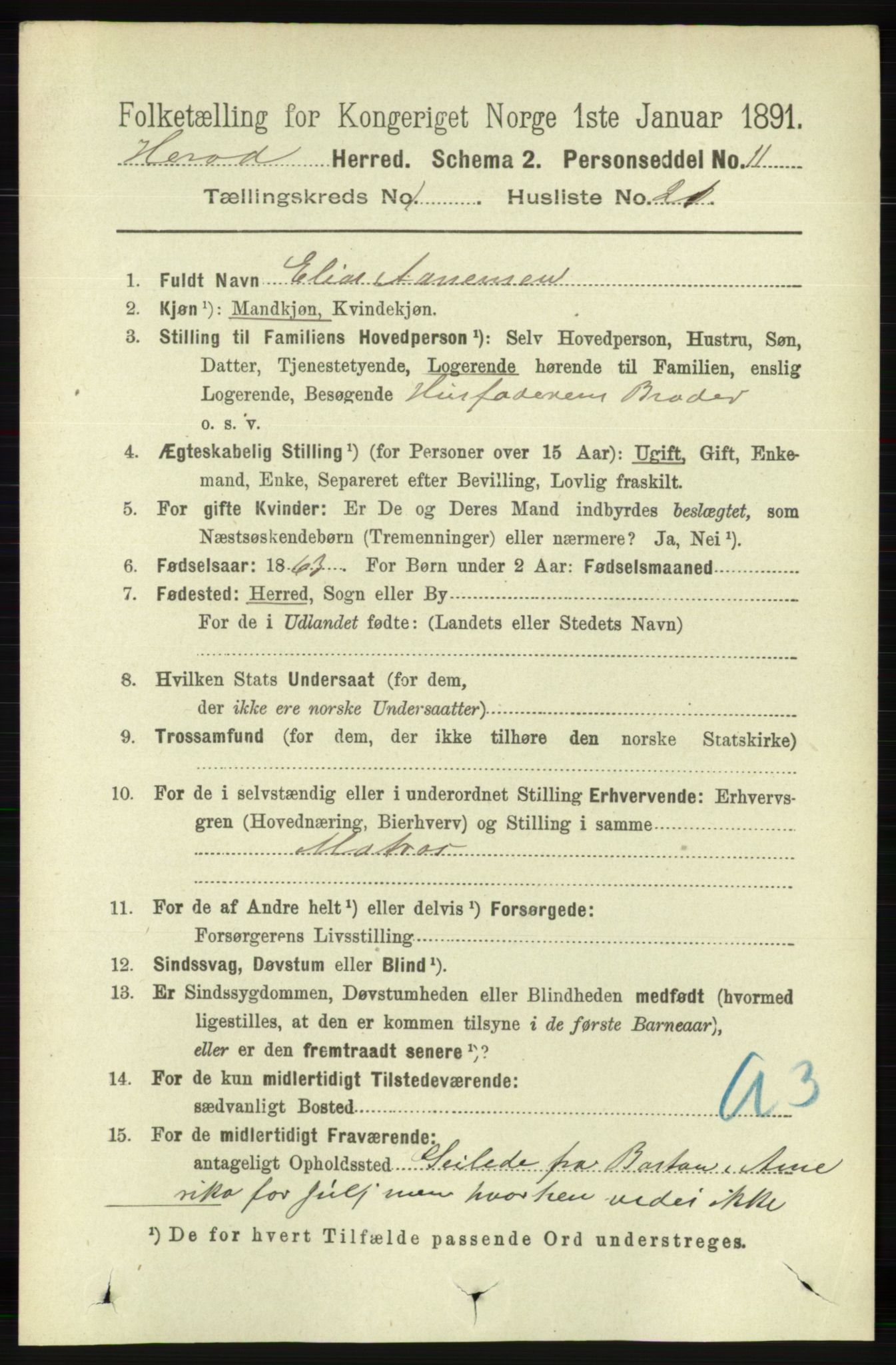 RA, 1891 census for 1039 Herad, 1891, p. 197