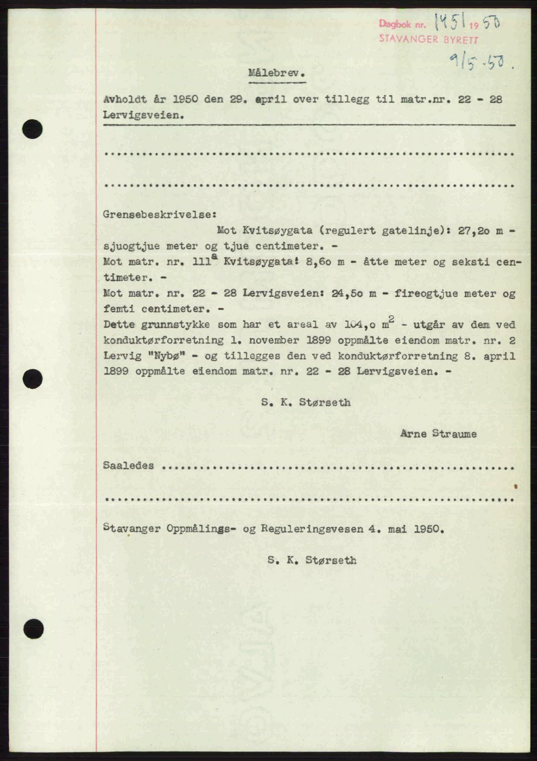 Stavanger byrett, SAST/A-100455/002/G/Gb/L0024: Mortgage book no. A13, 1949-1950, Diary no: : 1451/1950