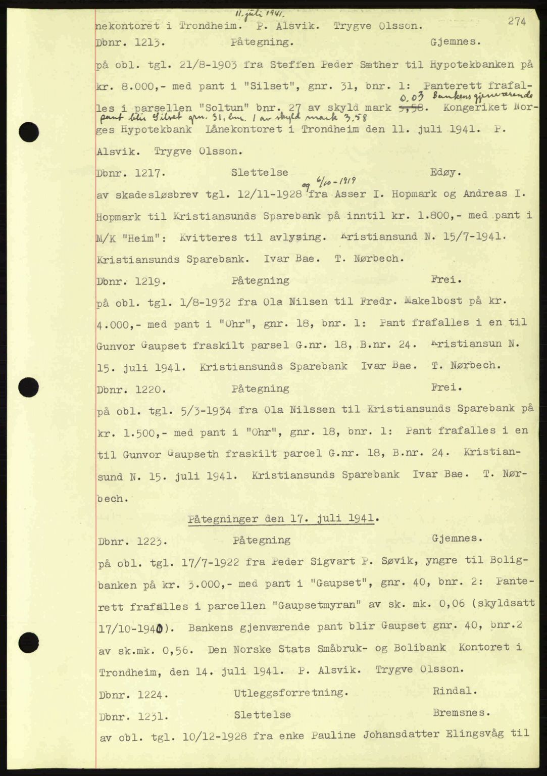 Nordmøre sorenskriveri, AV/SAT-A-4132/1/2/2Ca: Mortgage book no. C81, 1940-1945, Diary no: : 1213/1941