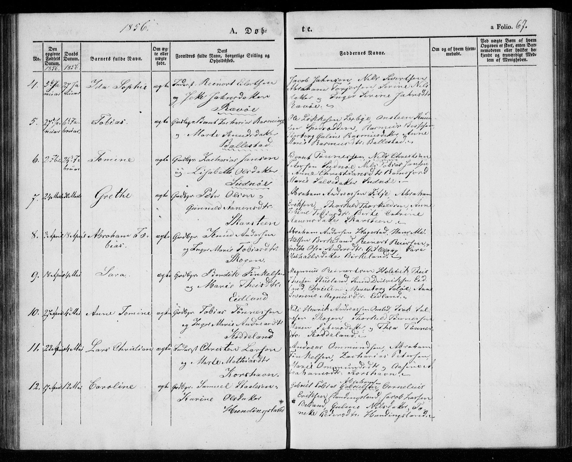 Lyngdal sokneprestkontor, SAK/1111-0029/F/Fa/Faa/L0001: Parish register (official) no. A 1, 1837-1857, p. 67