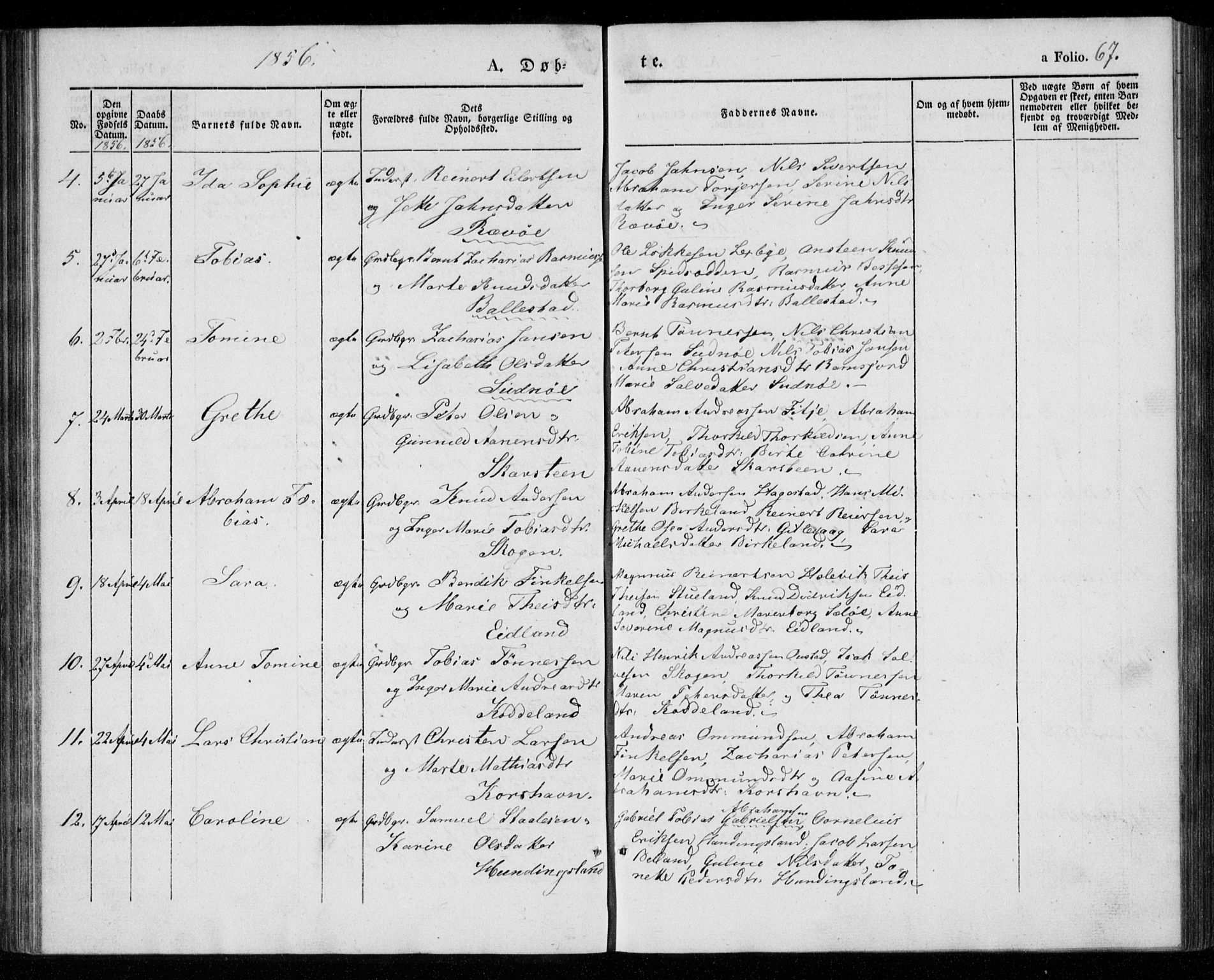 Lyngdal sokneprestkontor, AV/SAK-1111-0029/F/Fa/Faa/L0001: Parish register (official) no. A 1, 1837-1857, p. 67