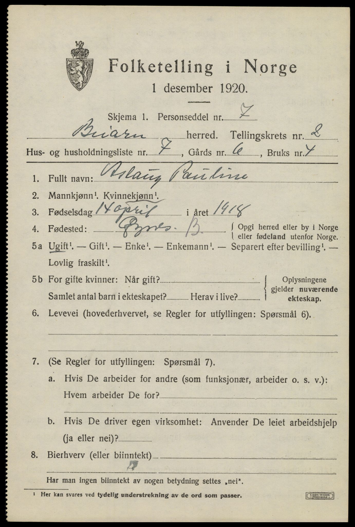 SAT, 1920 census for Beiarn, 1920, p. 1026