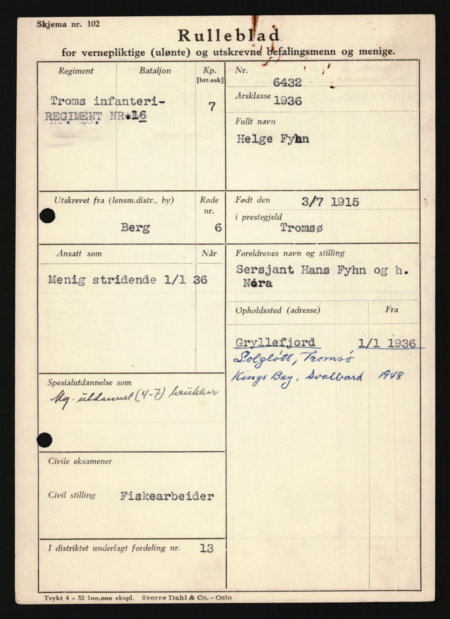 Forsvaret, Troms infanteriregiment nr. 16, AV/RA-RAFA-3146/P/Pa/L0020: Rulleblad for regimentets menige mannskaper, årsklasse 1936, 1936, p. 265