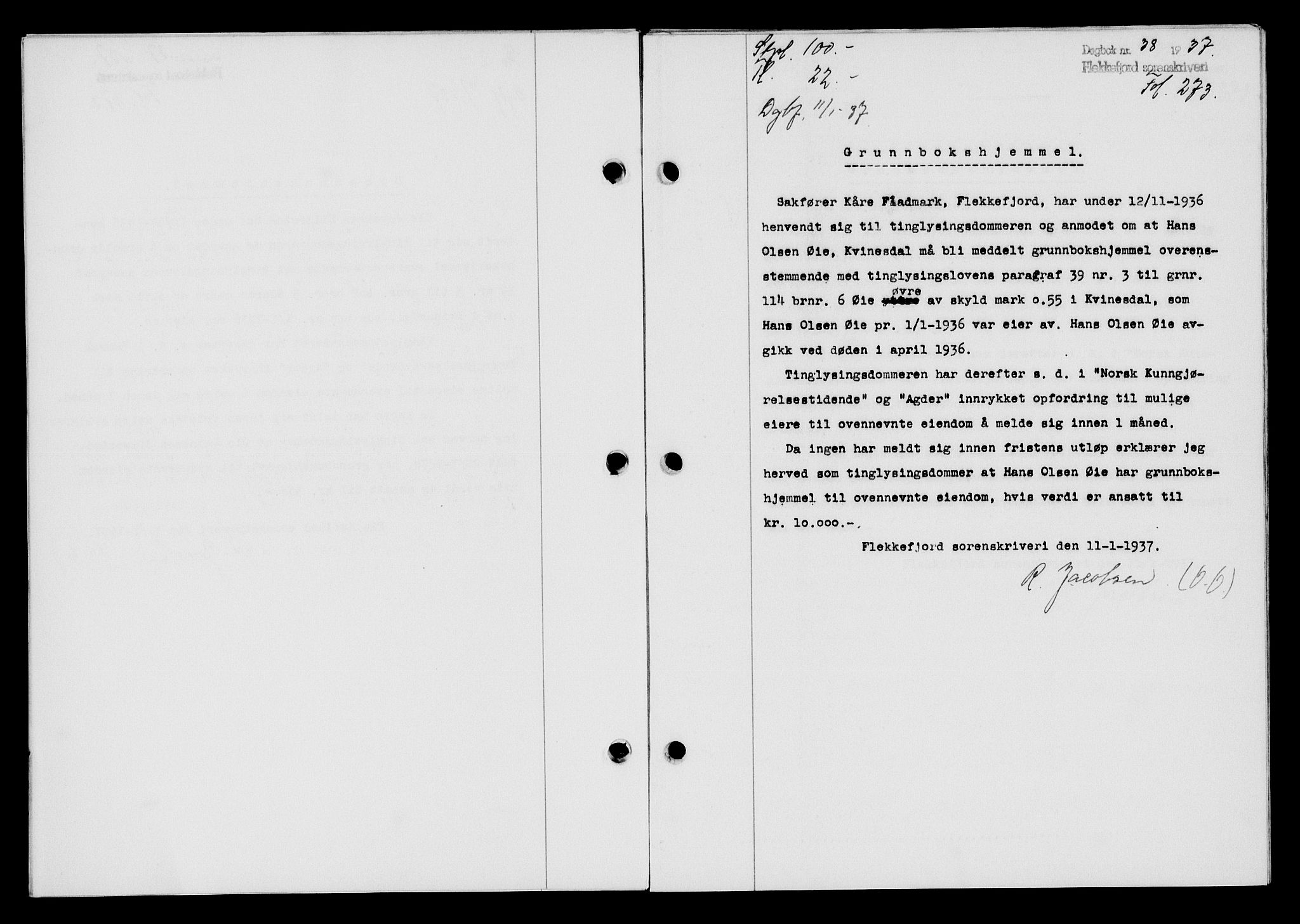 Flekkefjord sorenskriveri, SAK/1221-0001/G/Gb/Gba/L0053: Mortgage book no. A-1, 1936-1937, Diary no: : 38/1937