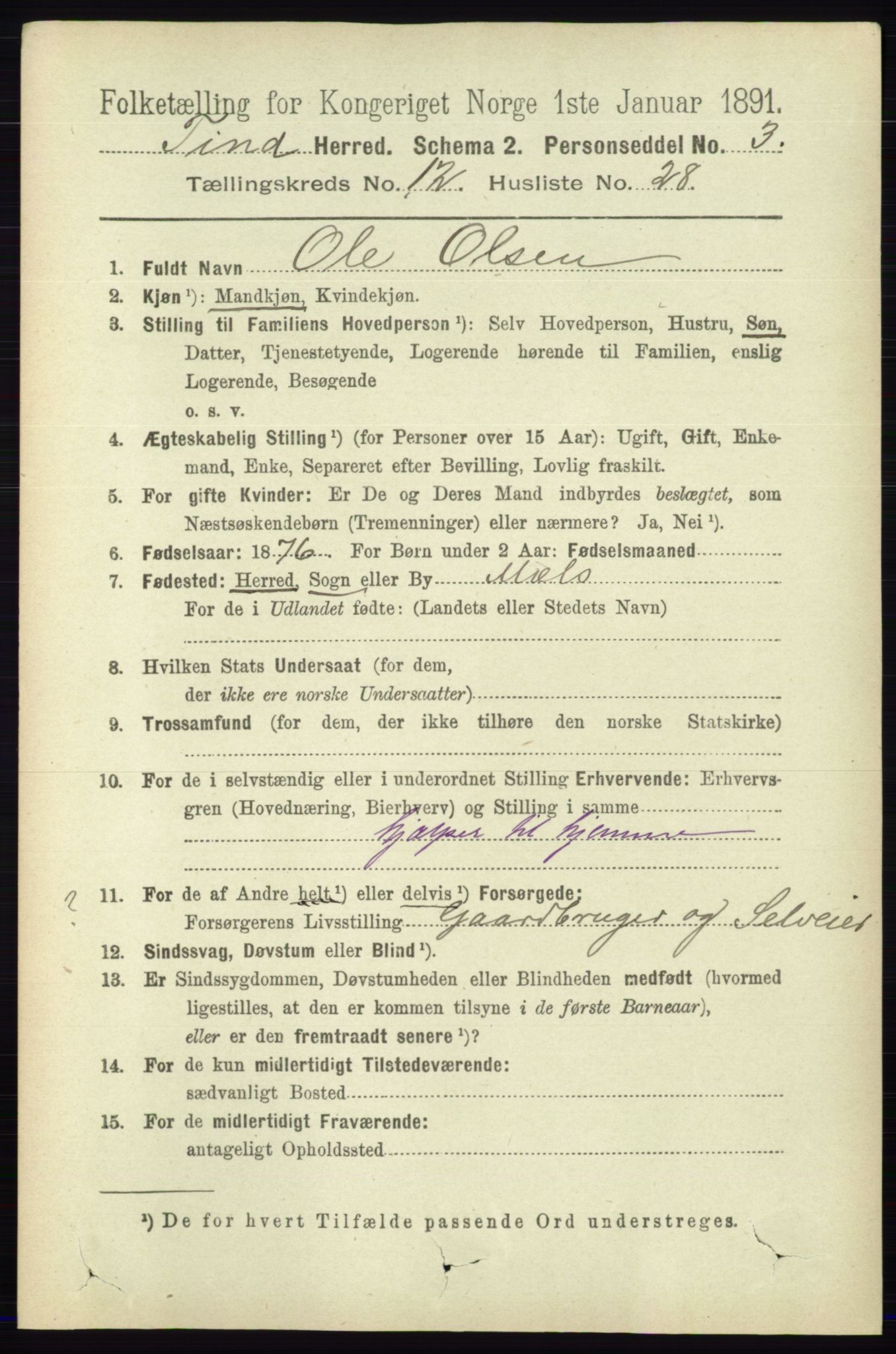 RA, 1891 census for 0826 Tinn, 1891, p. 2467