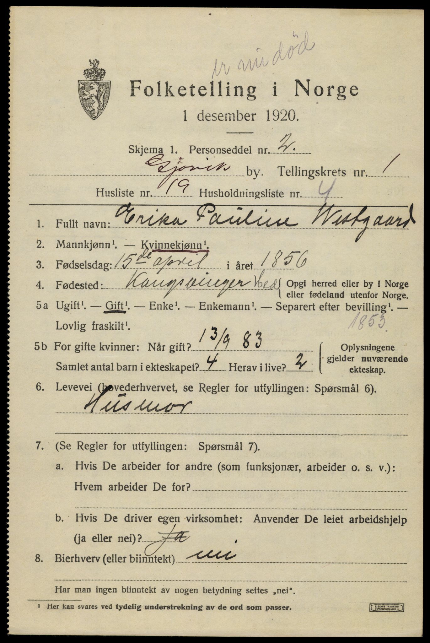 SAH, 1920 census for Gjøvik, 1920, p. 3294
