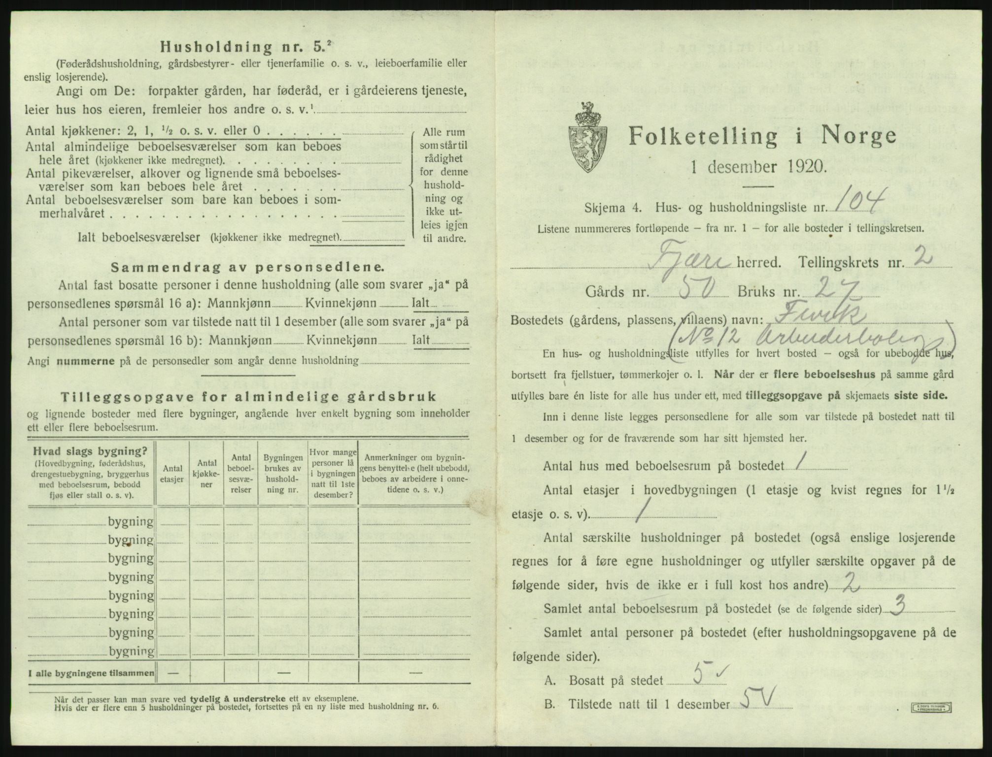 SAK, 1920 census for Fjære, 1920, p. 493