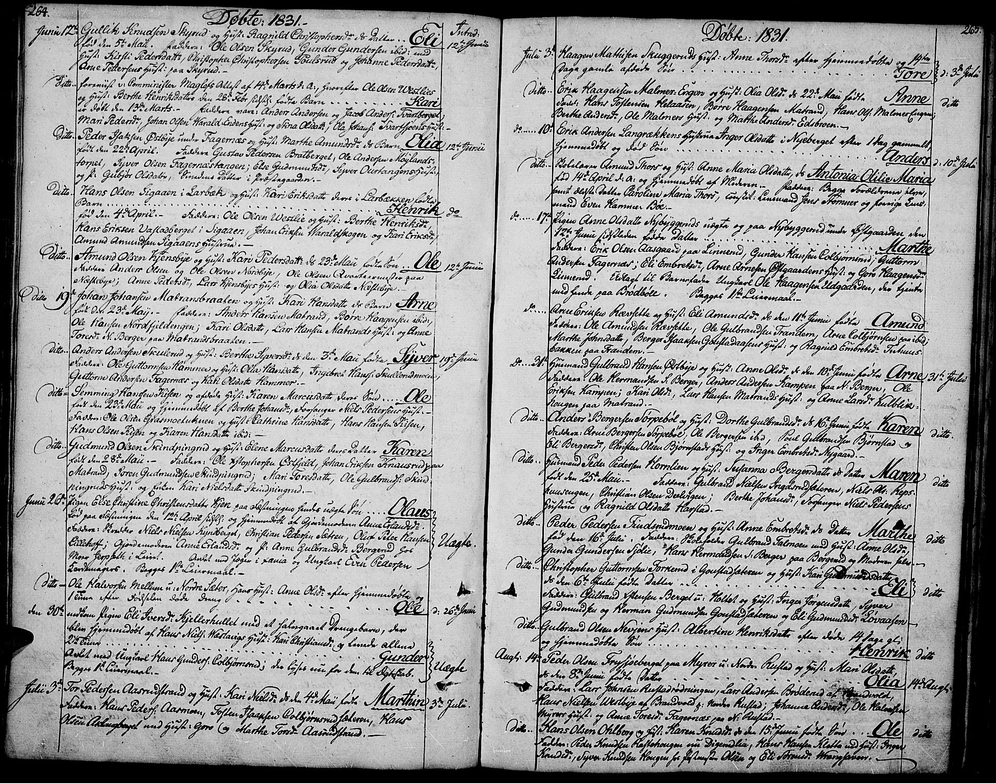 Vinger prestekontor, AV/SAH-PREST-024/H/Ha/Hab/L0002: Parish register (copy) no. 2, 1818-1834, p. 264-265