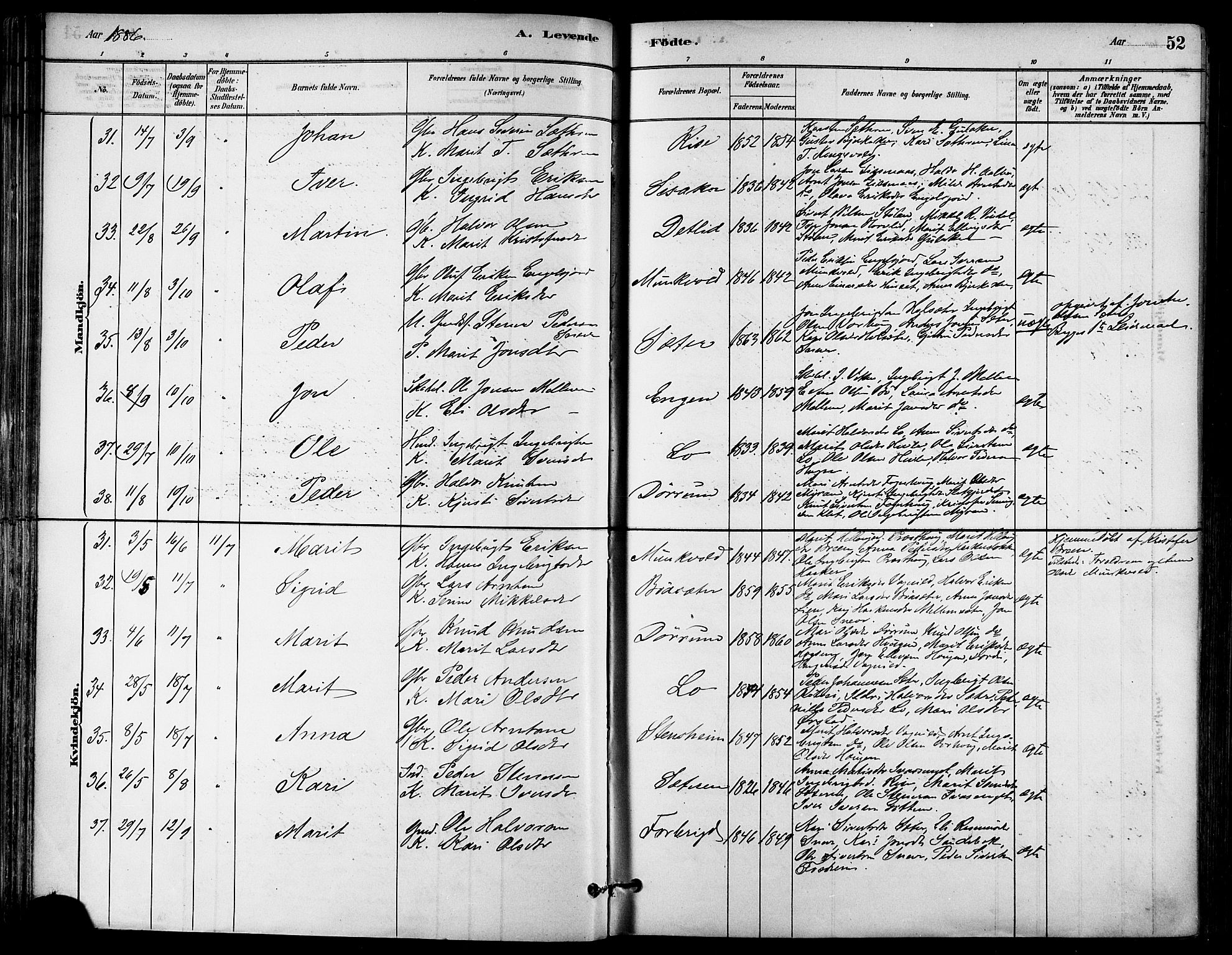 Ministerialprotokoller, klokkerbøker og fødselsregistre - Sør-Trøndelag, AV/SAT-A-1456/678/L0901: Parish register (official) no. 678A10, 1881-1894, p. 52