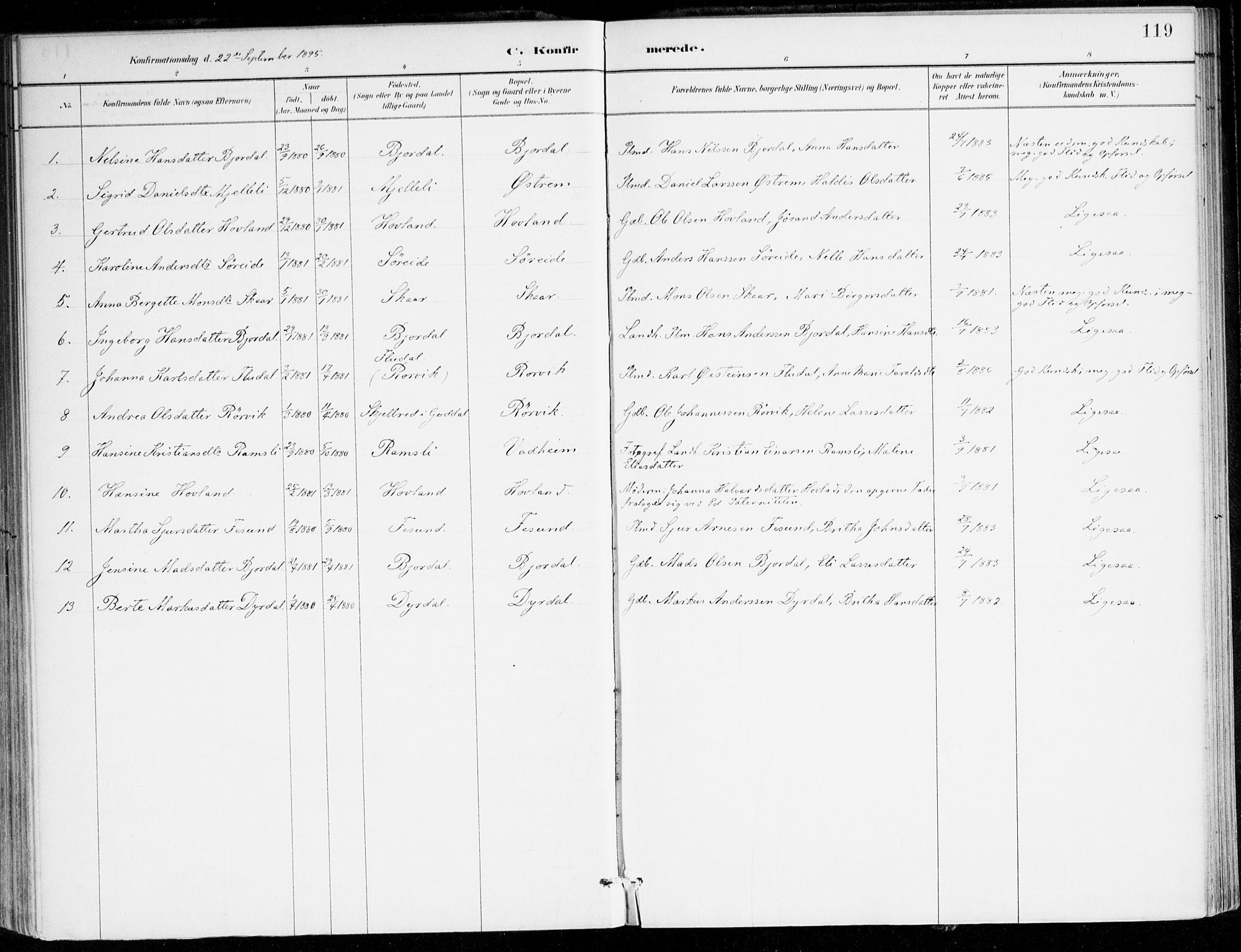 Lavik sokneprestembete, AV/SAB-A-80901: Parish register (official) no. C 1, 1882-1904, p. 119