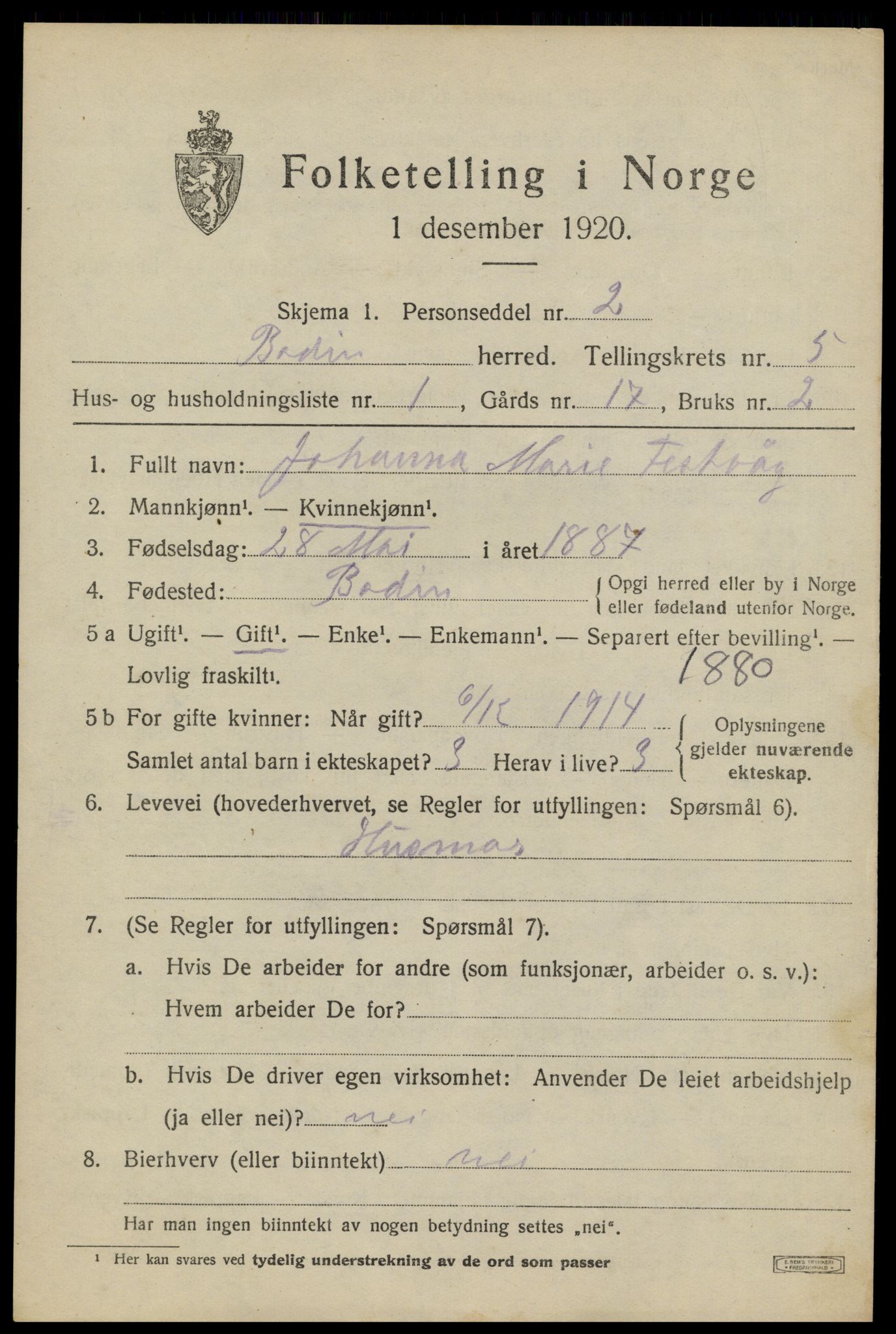 SAT, 1920 census for Bodin, 1920, p. 2914