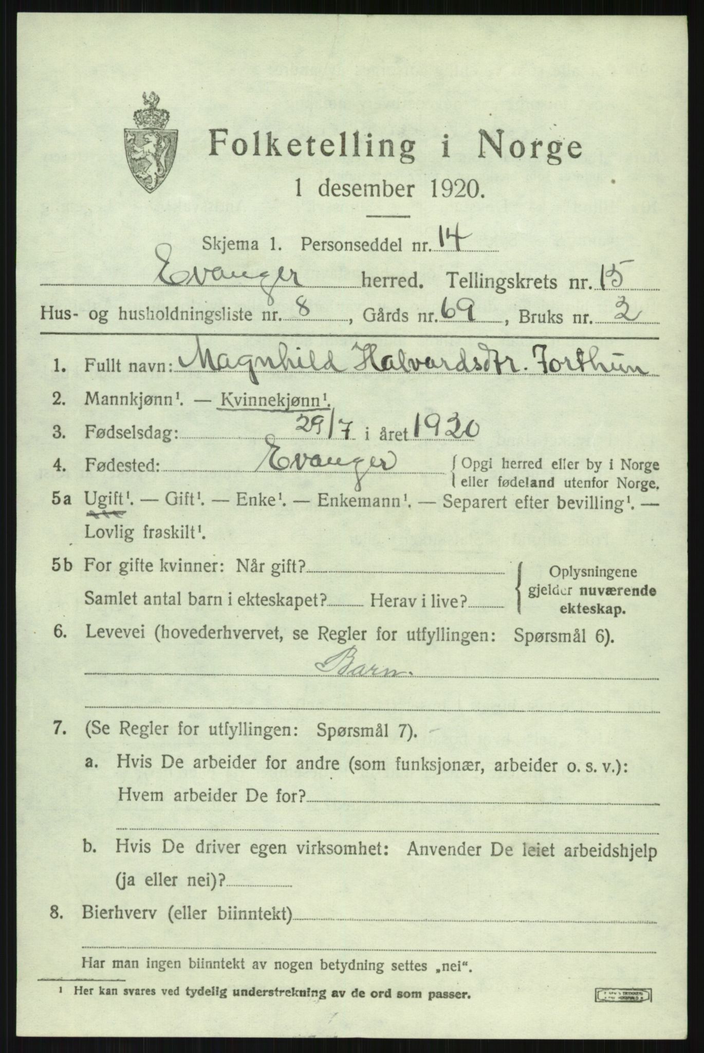 SAB, 1920 census for Evanger, 1920, p. 4247