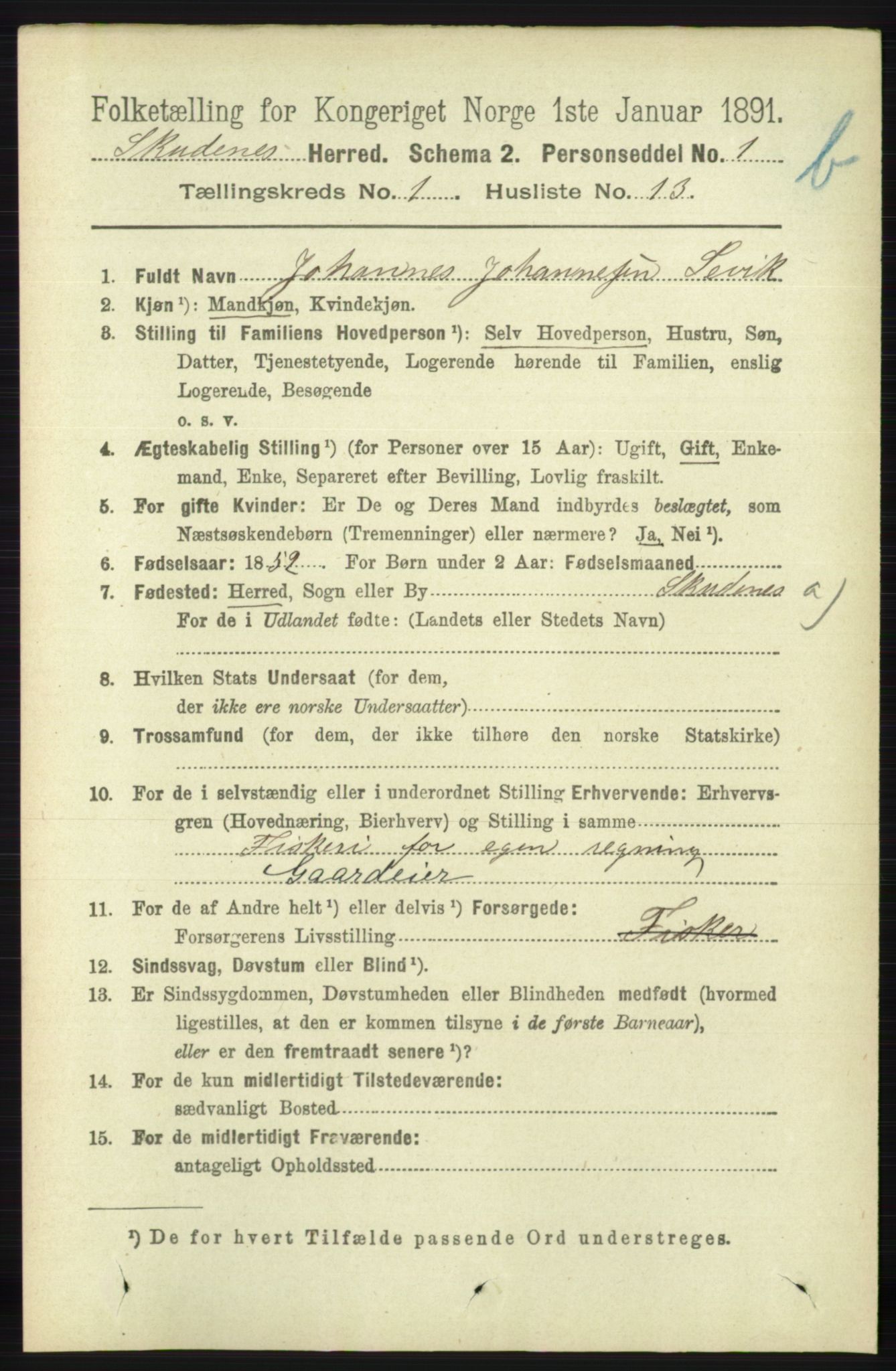 RA, 1891 census for 1150 Skudenes, 1891, p. 3472