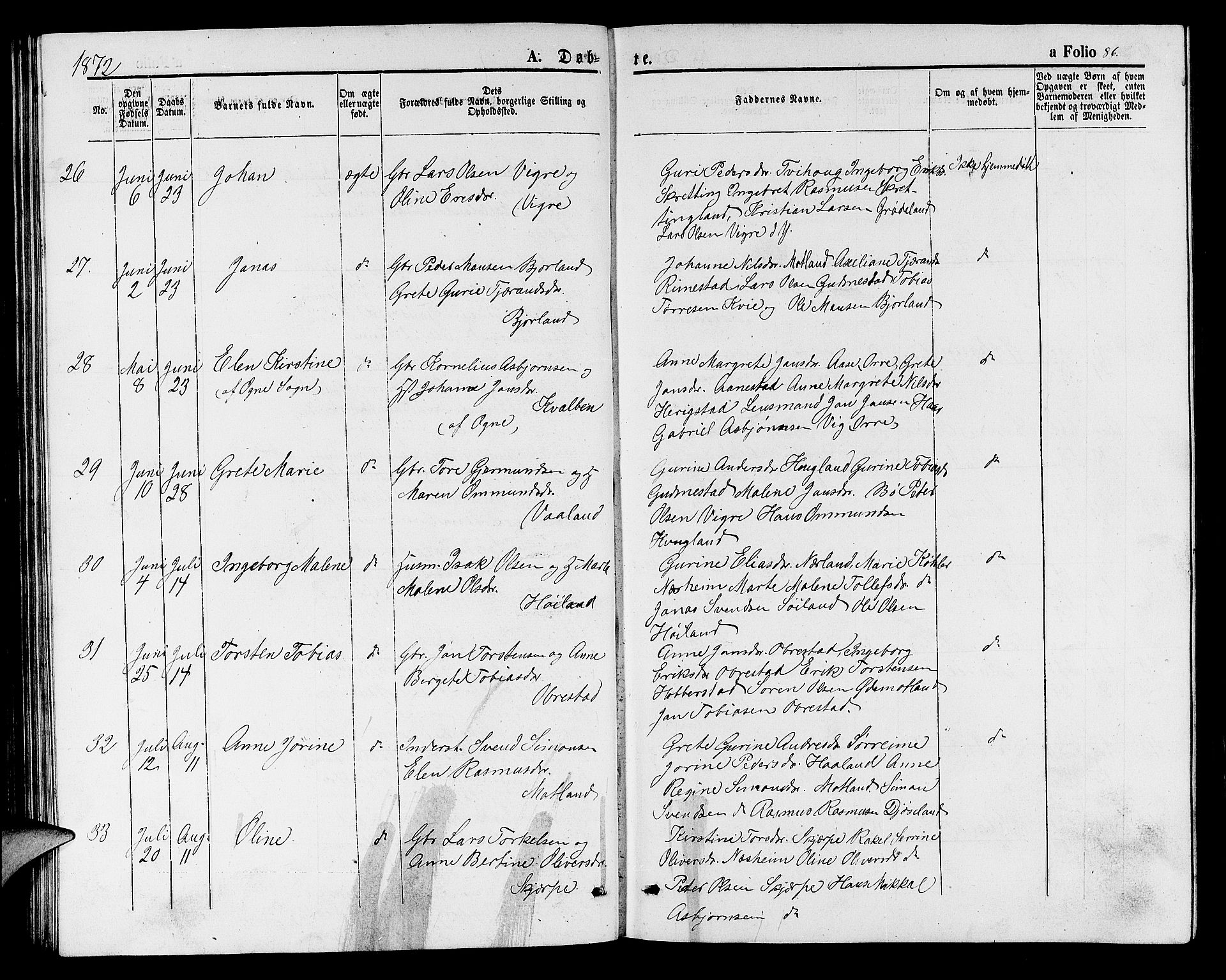 Hå sokneprestkontor, AV/SAST-A-101801/001/30BB/L0001: Parish register (copy) no. B 1, 1854-1883, p. 86