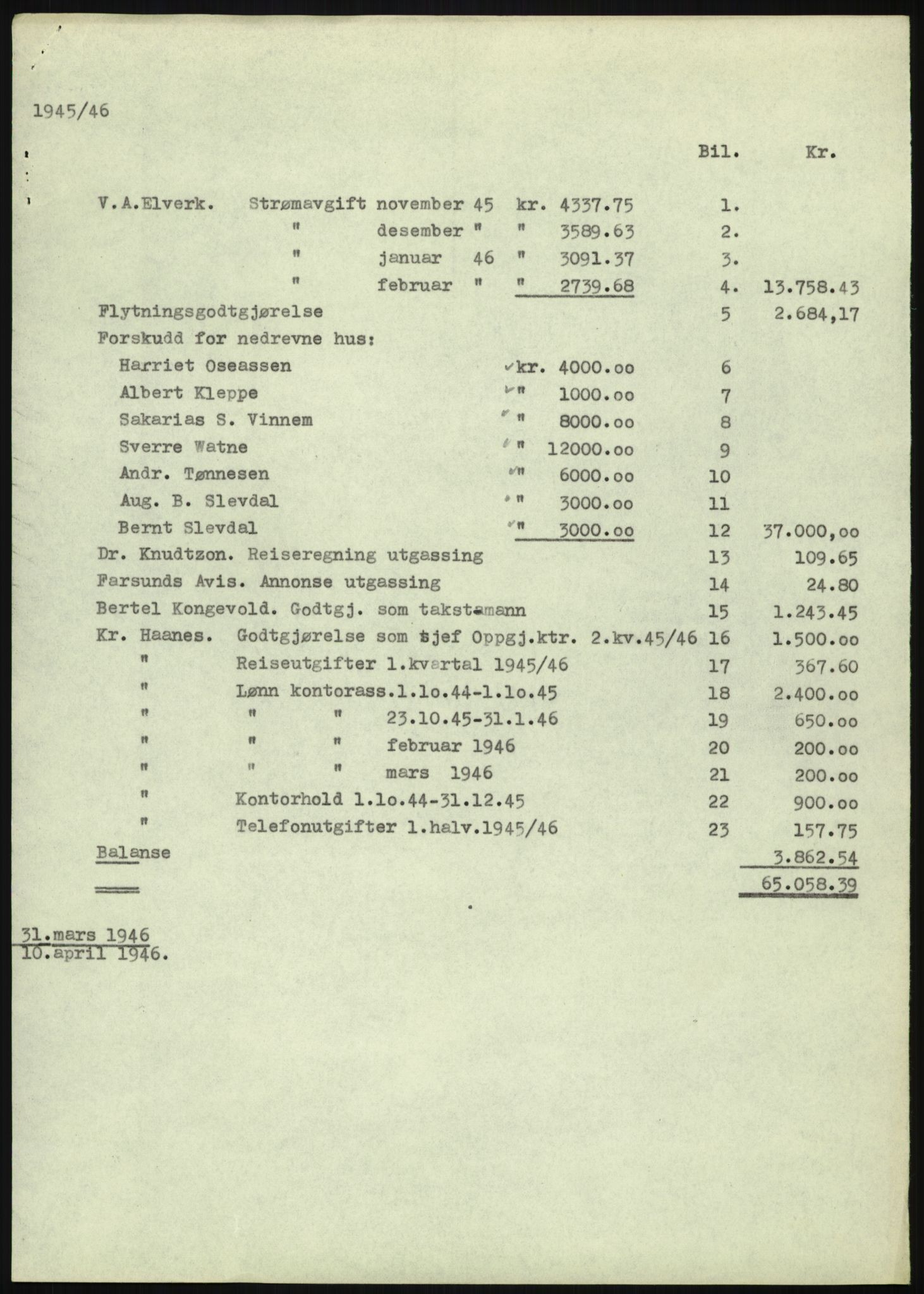 Forsvarsdepartementet, 10. kontor / Oppgjørskontoret, AV/RA-RAFA-1225/D/Db/L0180: Lista oppgjørskontor, 1942-1952, p. 27