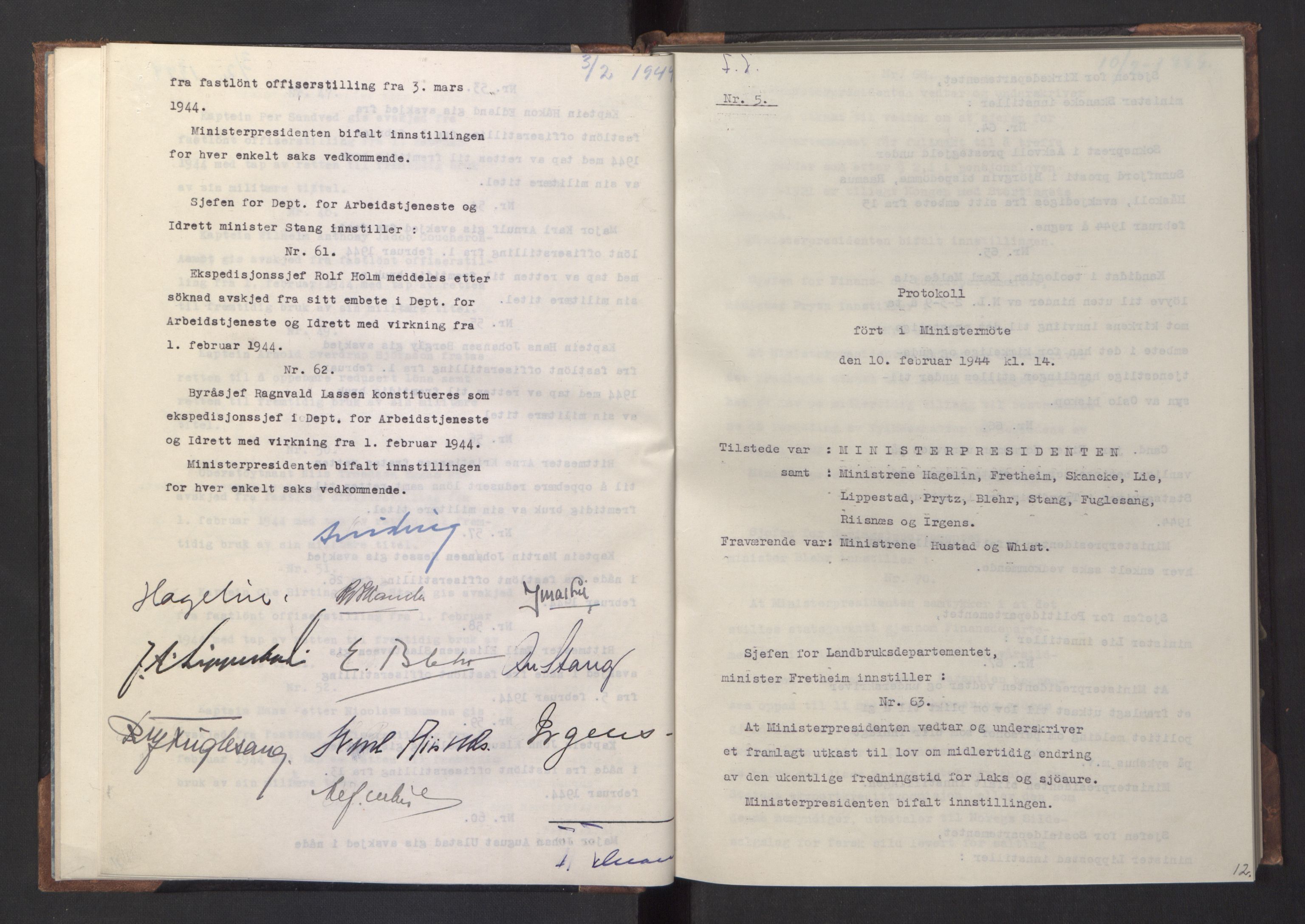 NS-administrasjonen 1940-1945 (Statsrådsekretariatet, de kommisariske statsråder mm), AV/RA-S-4279/D/Da/L0005: Protokoll fra ministermøter, 1944, p. 14