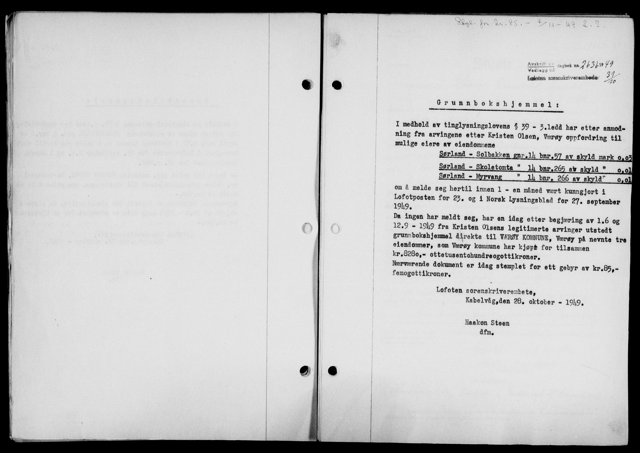 Lofoten sorenskriveri, SAT/A-0017/1/2/2C/L0022a: Mortgage book no. 22a, 1949-1950, Diary no: : 2636/1949