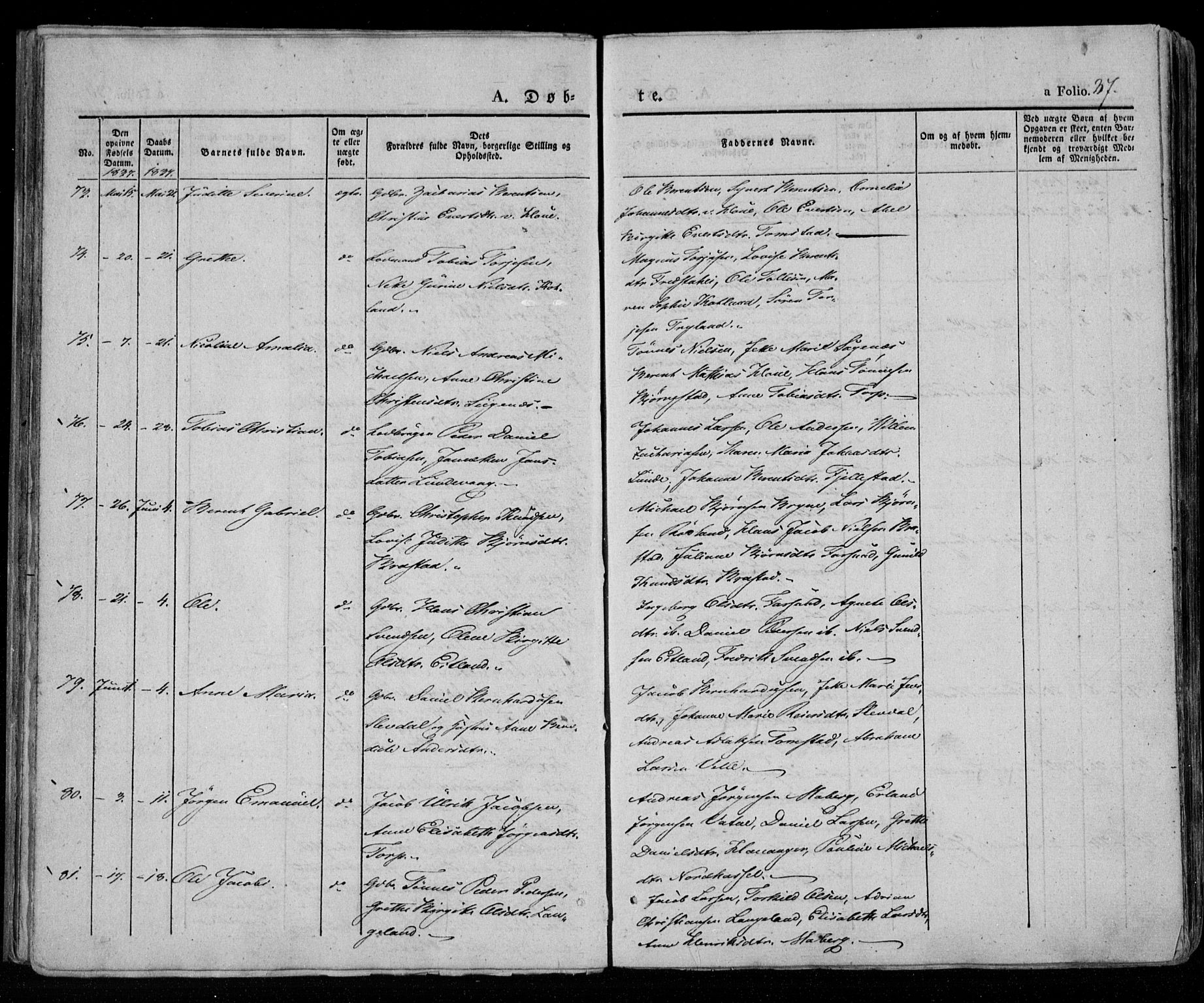 Lista sokneprestkontor, AV/SAK-1111-0027/F/Fa/L0009: Parish register (official) no. A 9, 1835-1846, p. 37