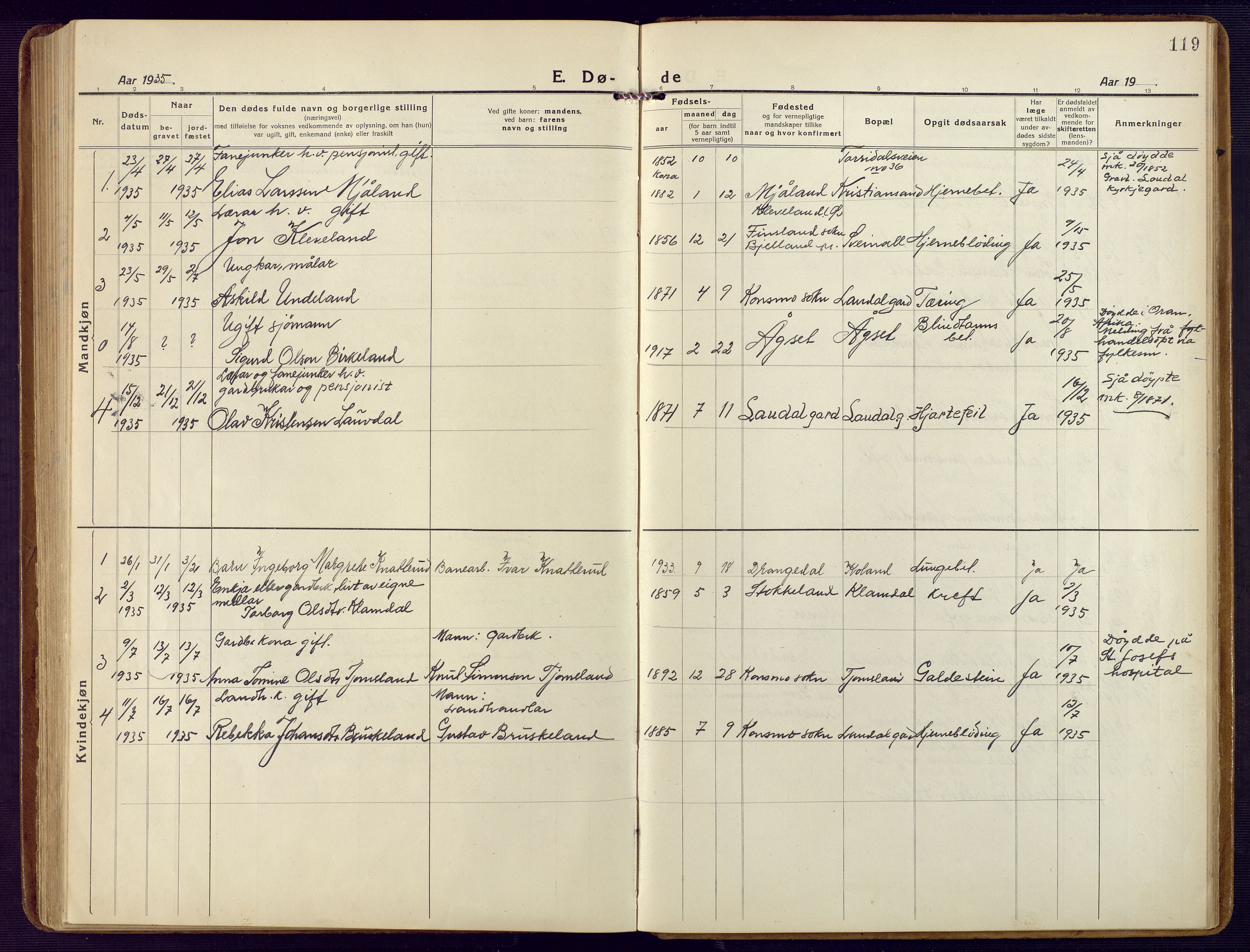 Holum sokneprestkontor, SAK/1111-0022/F/Fb/Fbb/L0005: Parish register (copy) no. B 5, 1920-1945, p. 119