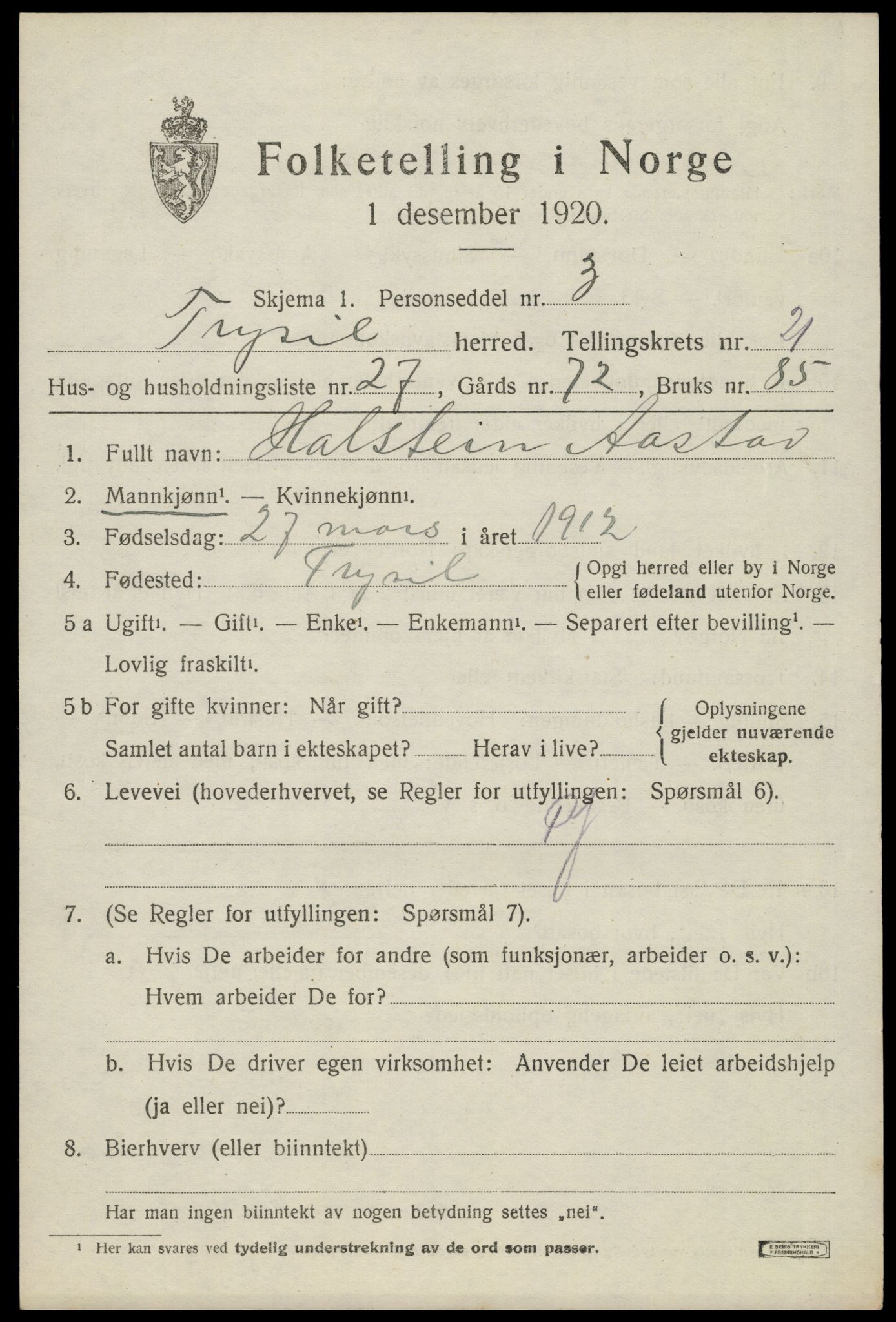 SAH, 1920 census for Trysil, 1920, p. 14093