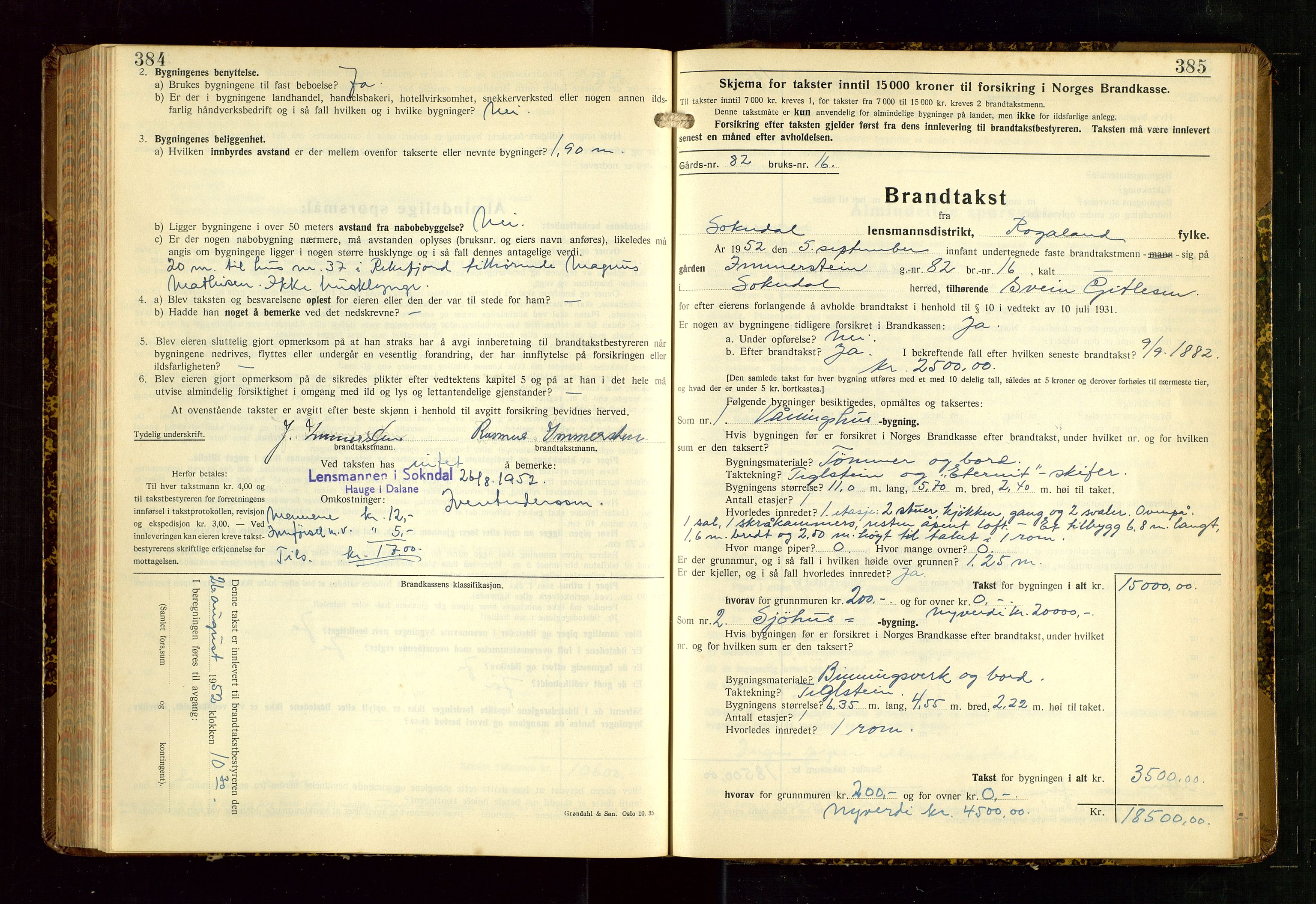 Sokndal lensmannskontor, AV/SAST-A-100417/Gob/L0008: "Brandtakst-Protokoll", 1937-1955, p. 384-385