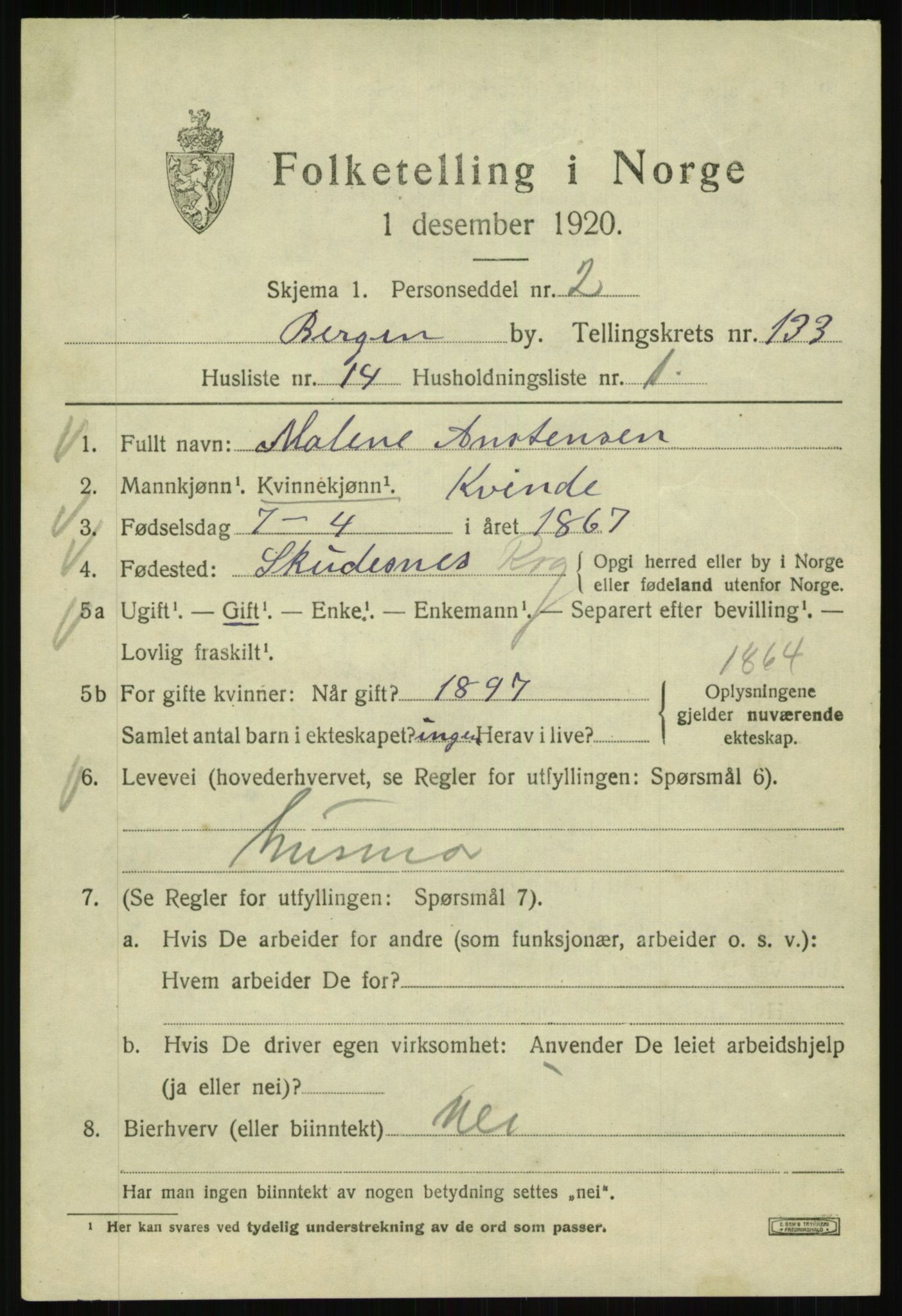 SAB, 1920 census for Bergen, 1920, p. 224000