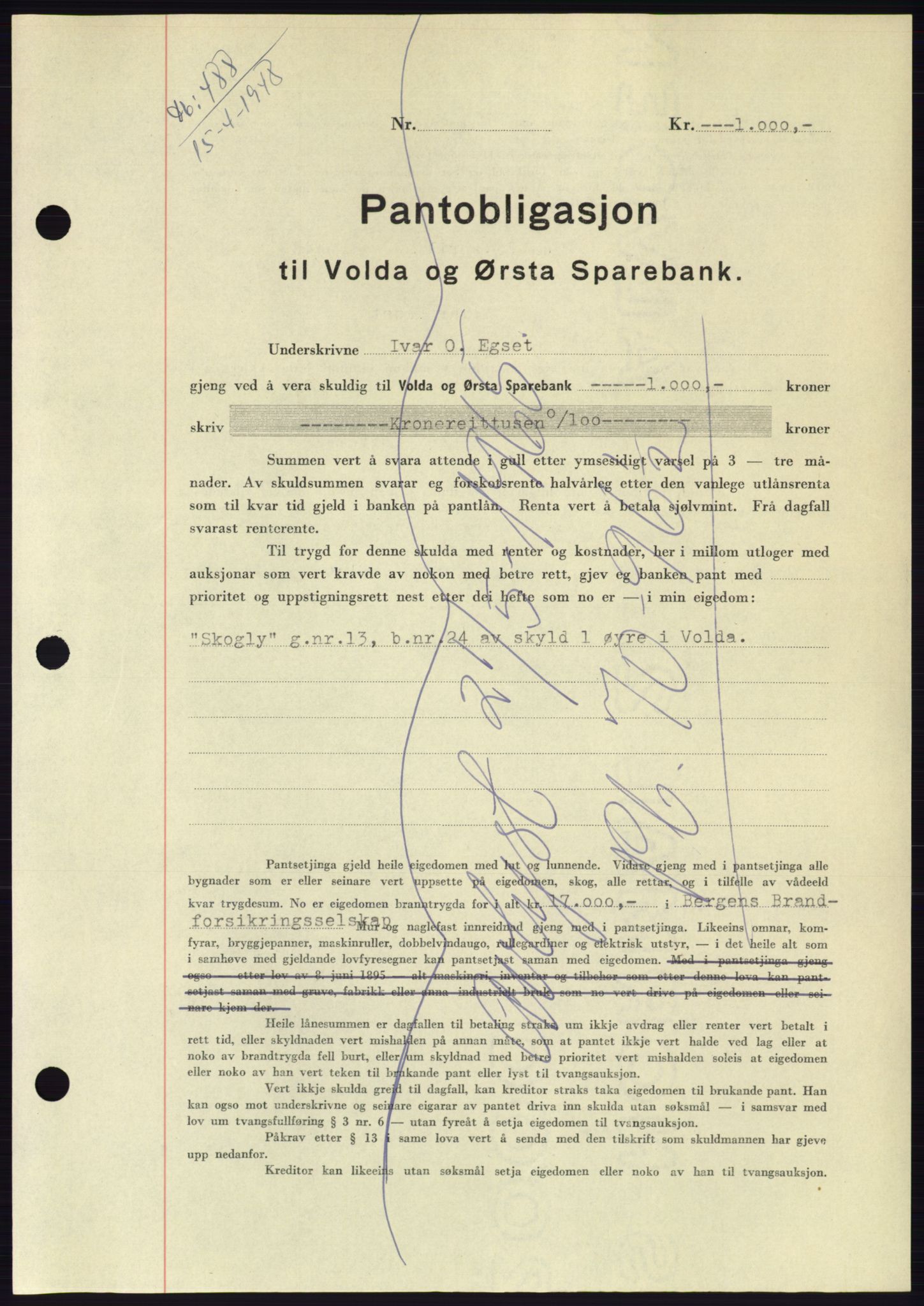 Søre Sunnmøre sorenskriveri, AV/SAT-A-4122/1/2/2C/L0115: Mortgage book no. 3B, 1947-1948, Diary no: : 488/1948