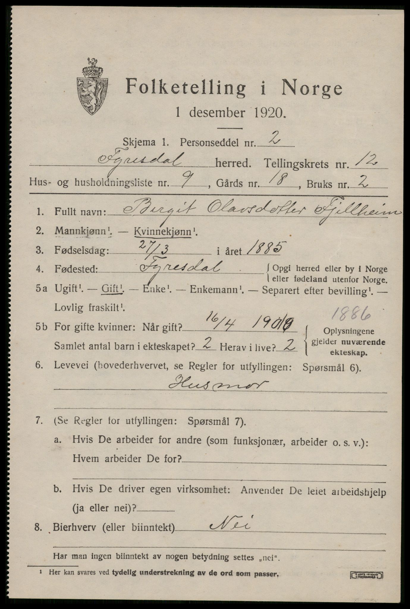 SAKO, 1920 census for Fyresdal, 1920, p. 4257