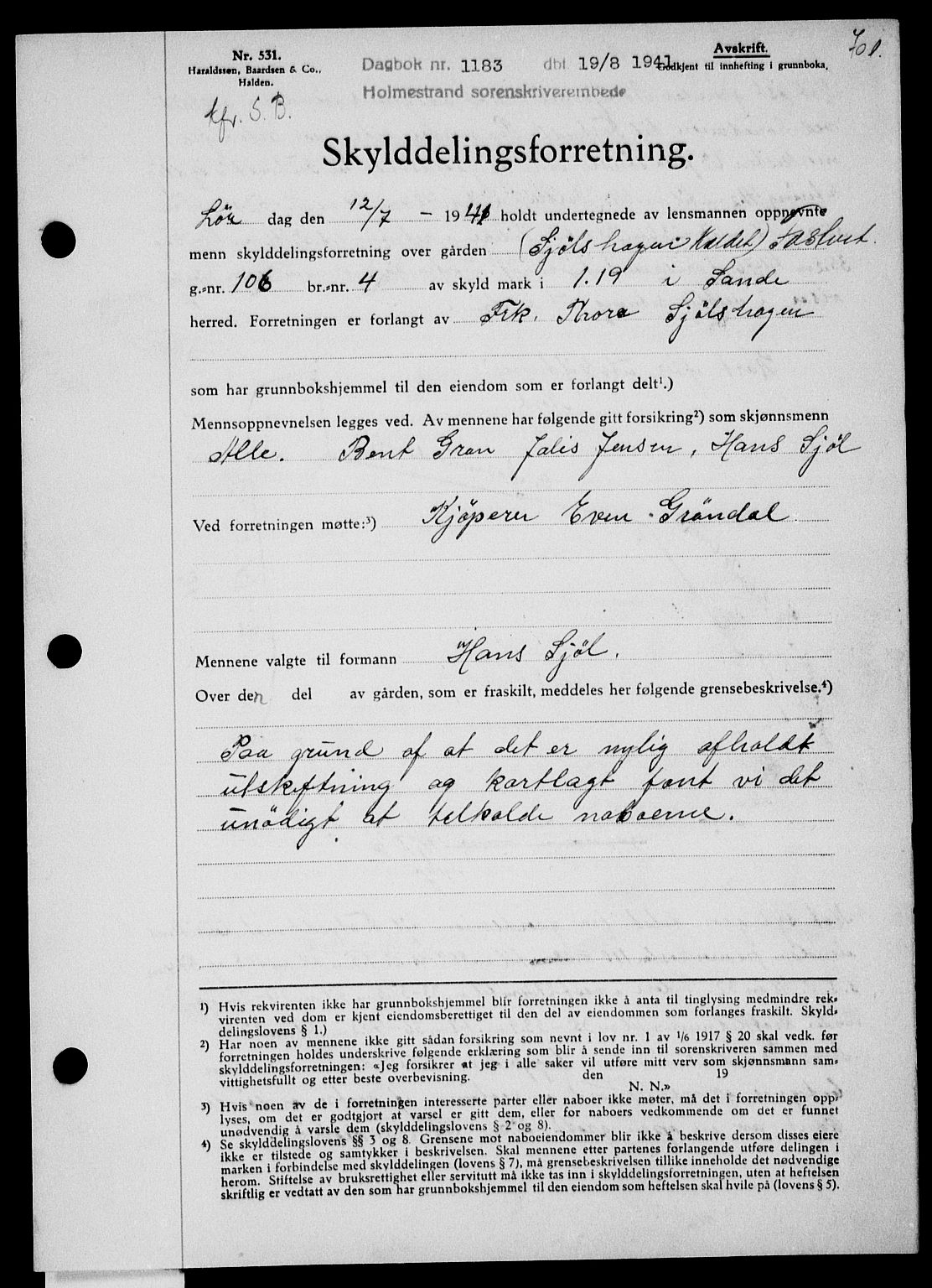 Holmestrand sorenskriveri, AV/SAKO-A-67/G/Ga/Gaa/L0053: Mortgage book no. A-53, 1941-1941, Diary no: : 1183/1941