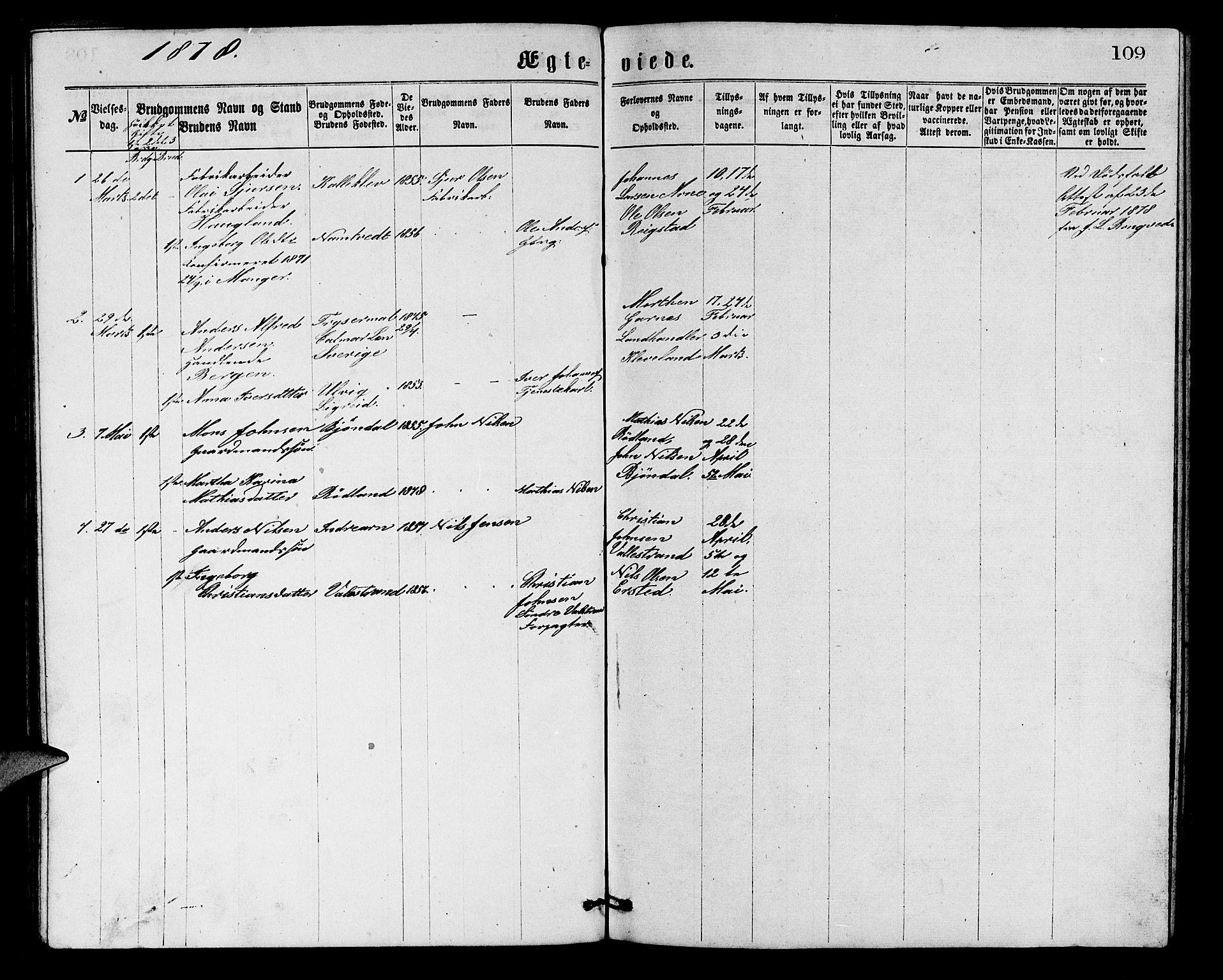 Arna Sokneprestembete, AV/SAB-A-74001/H/Ha/Hab: Parish register (copy) no. A 1, 1869-1879, p. 109