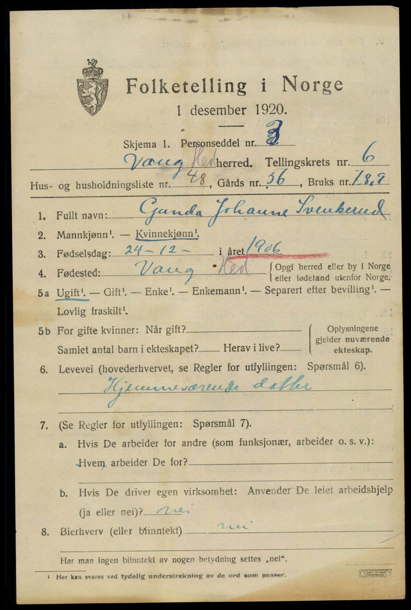 SAH, 1920 census for Vang (Hedmark), 1920, p. 15765