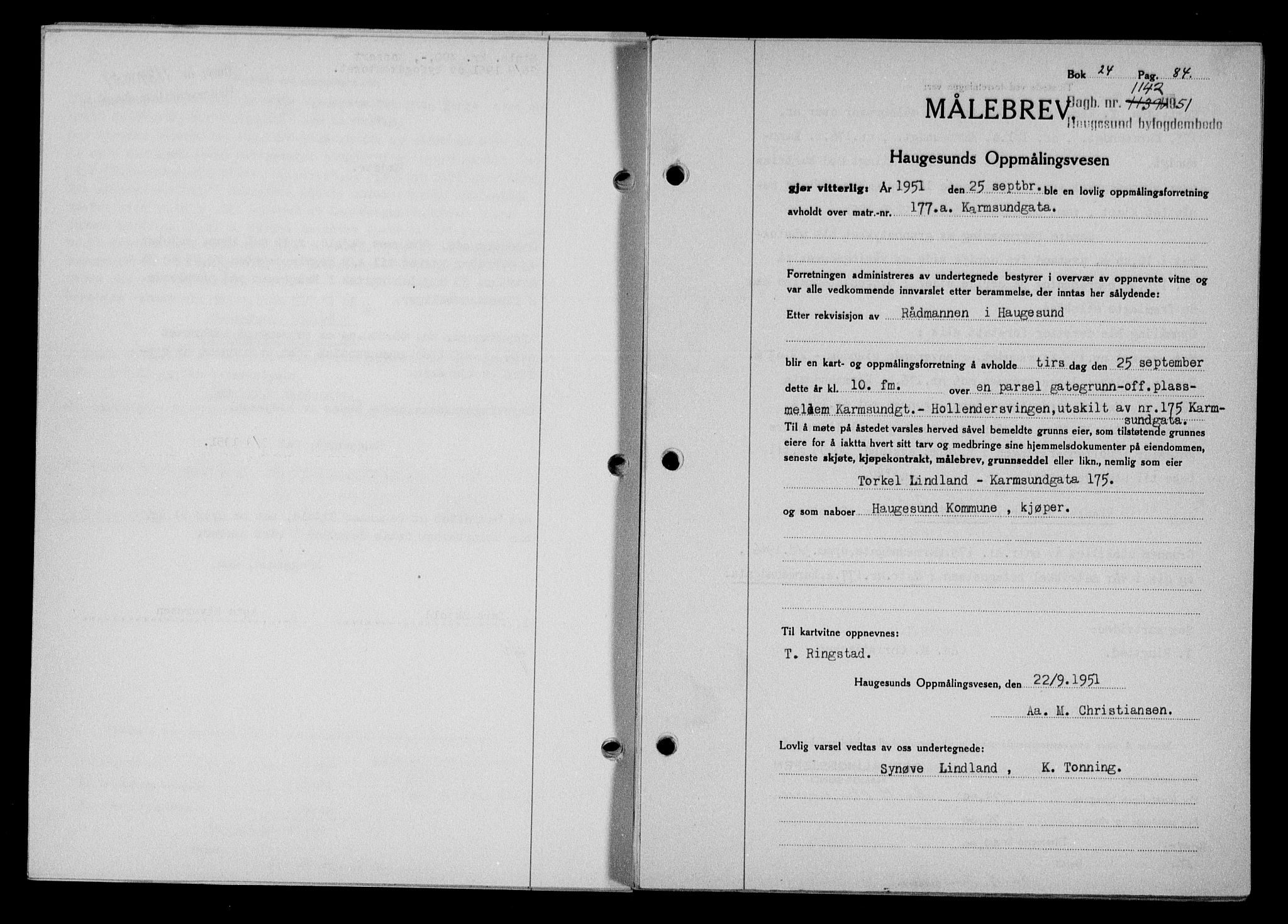 Haugesund tingrett, AV/SAST-A-101415/01/II/IIC/L0065: Mortgage book no. A 6, 1951-1953, Diary no: : 1142/1951