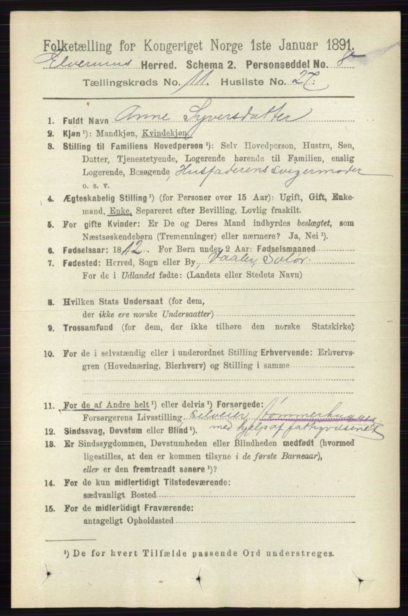 RA, 1891 census for 0427 Elverum, 1891, p. 9190