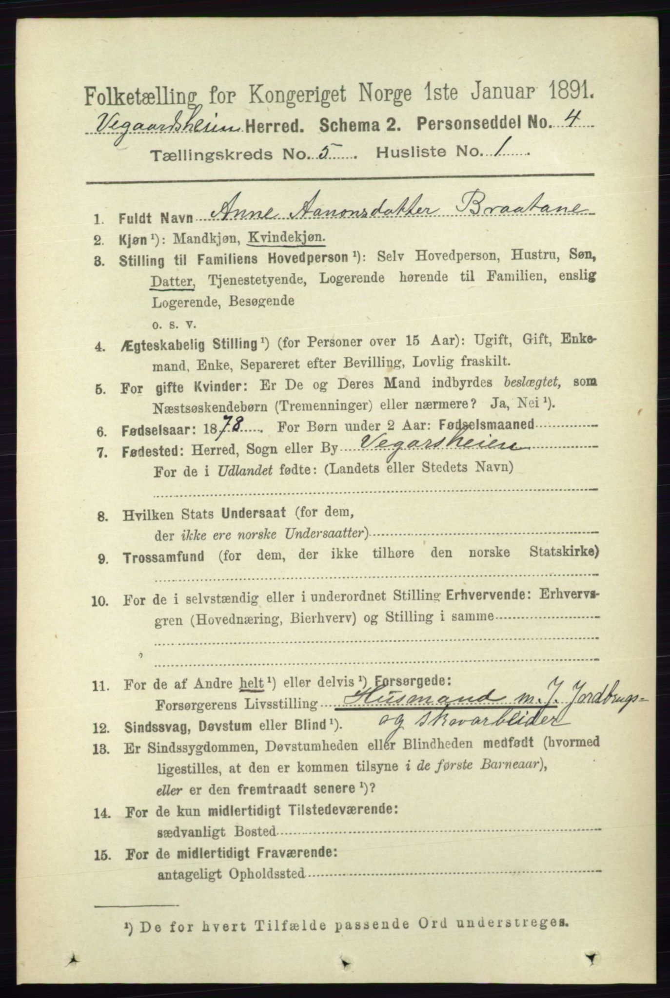 RA, 1891 census for 0912 Vegårshei, 1891, p. 972