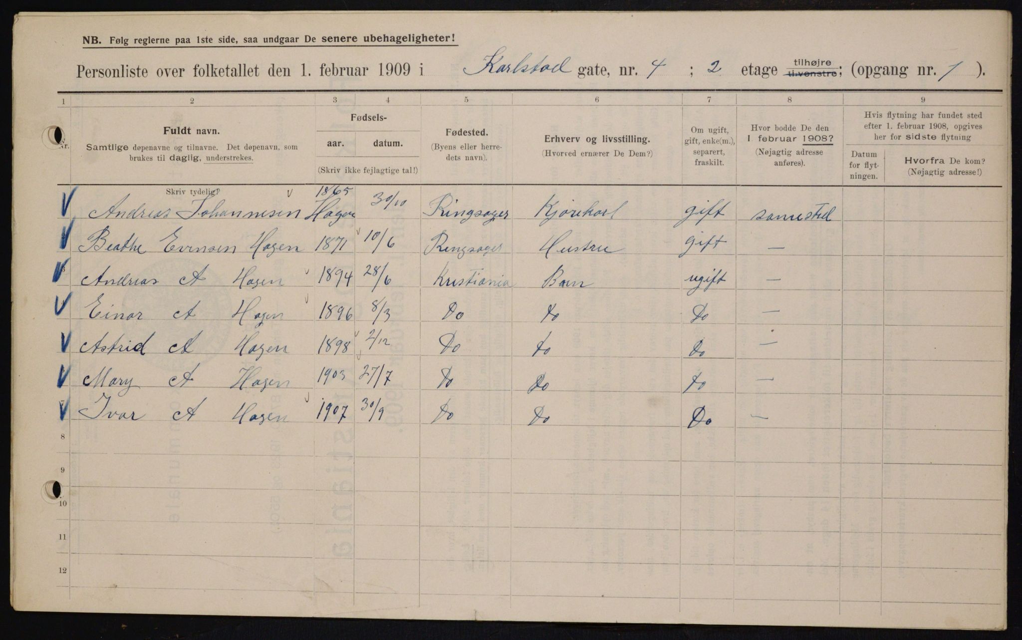 OBA, Municipal Census 1909 for Kristiania, 1909, p. 44668