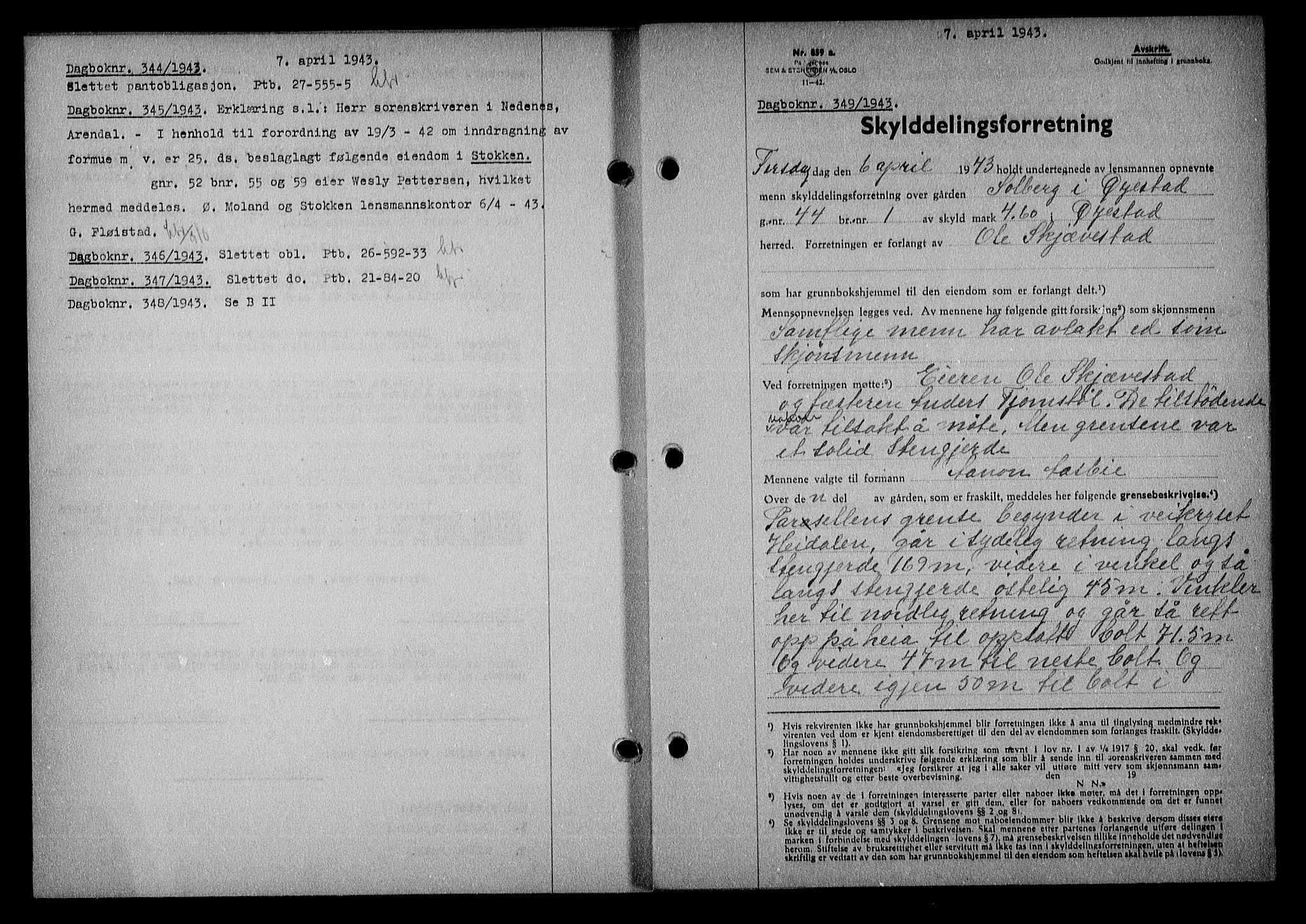 Nedenes sorenskriveri, AV/SAK-1221-0006/G/Gb/Gba/L0050: Mortgage book no. A-IV, 1942-1943, Diary no: : 349/1943